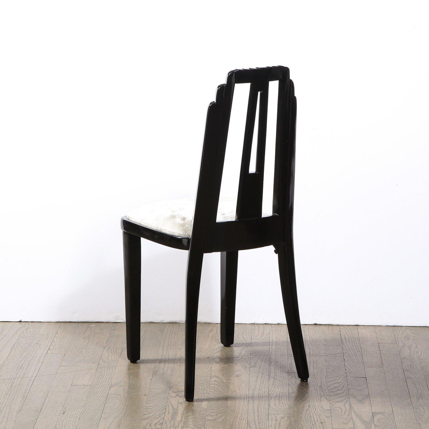 Art Deco Skyscraper Style Dining Chair in Black Lacquer and Smoked Pewter Velvet For Sale 3