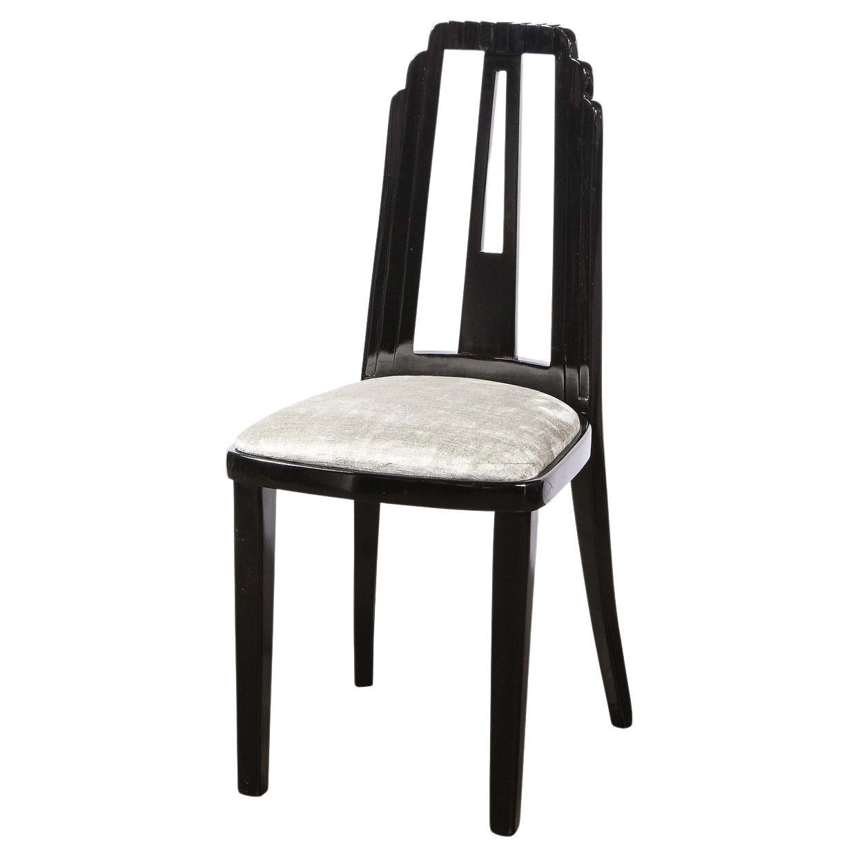Art Deco Skyscraper Style Dining Chair in Black Lacquer and Smoked Pewter Velvet