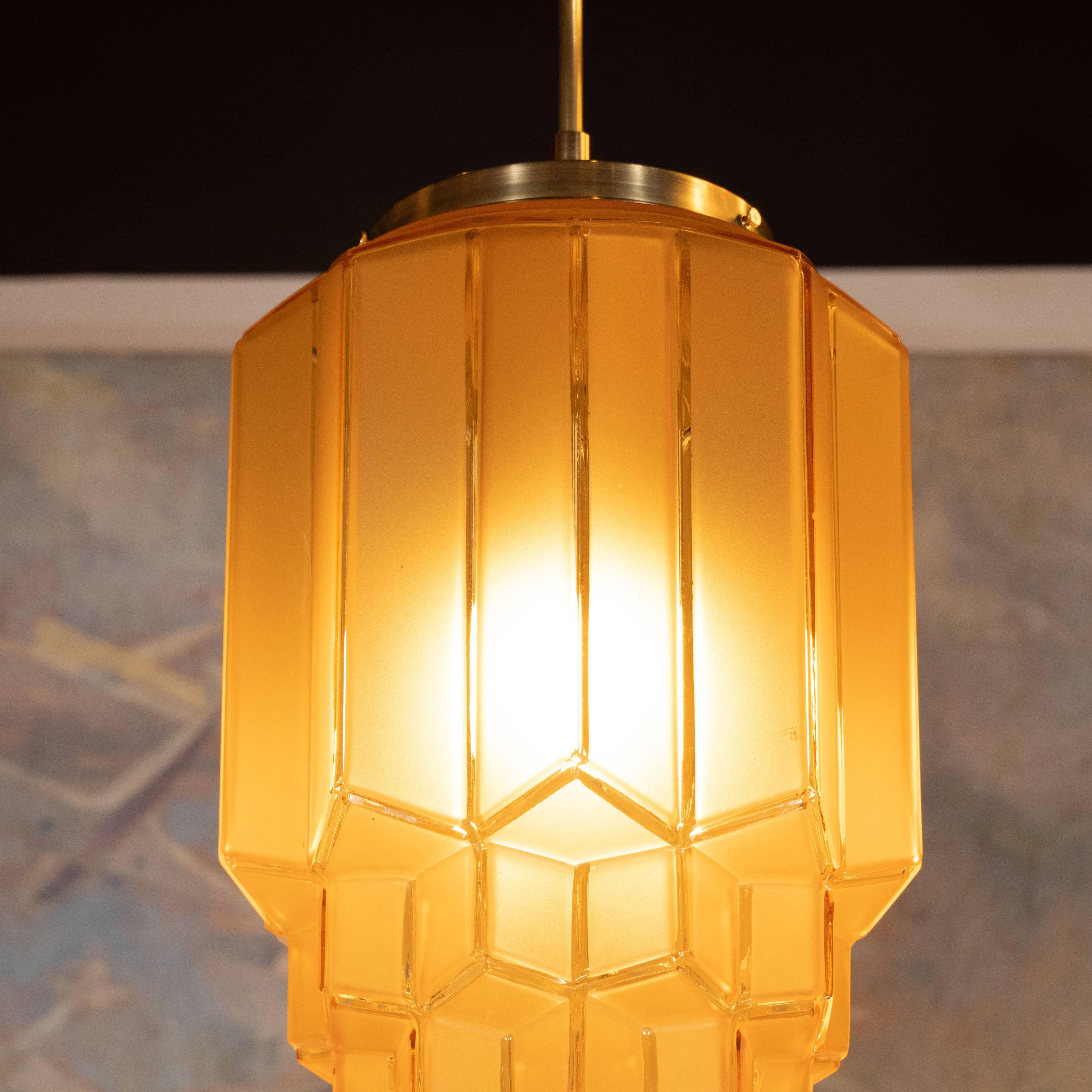 Mid-20th Century Art Deco Skyscraper Style Faceted Pendant in Frosted and Translucent Amber Glass