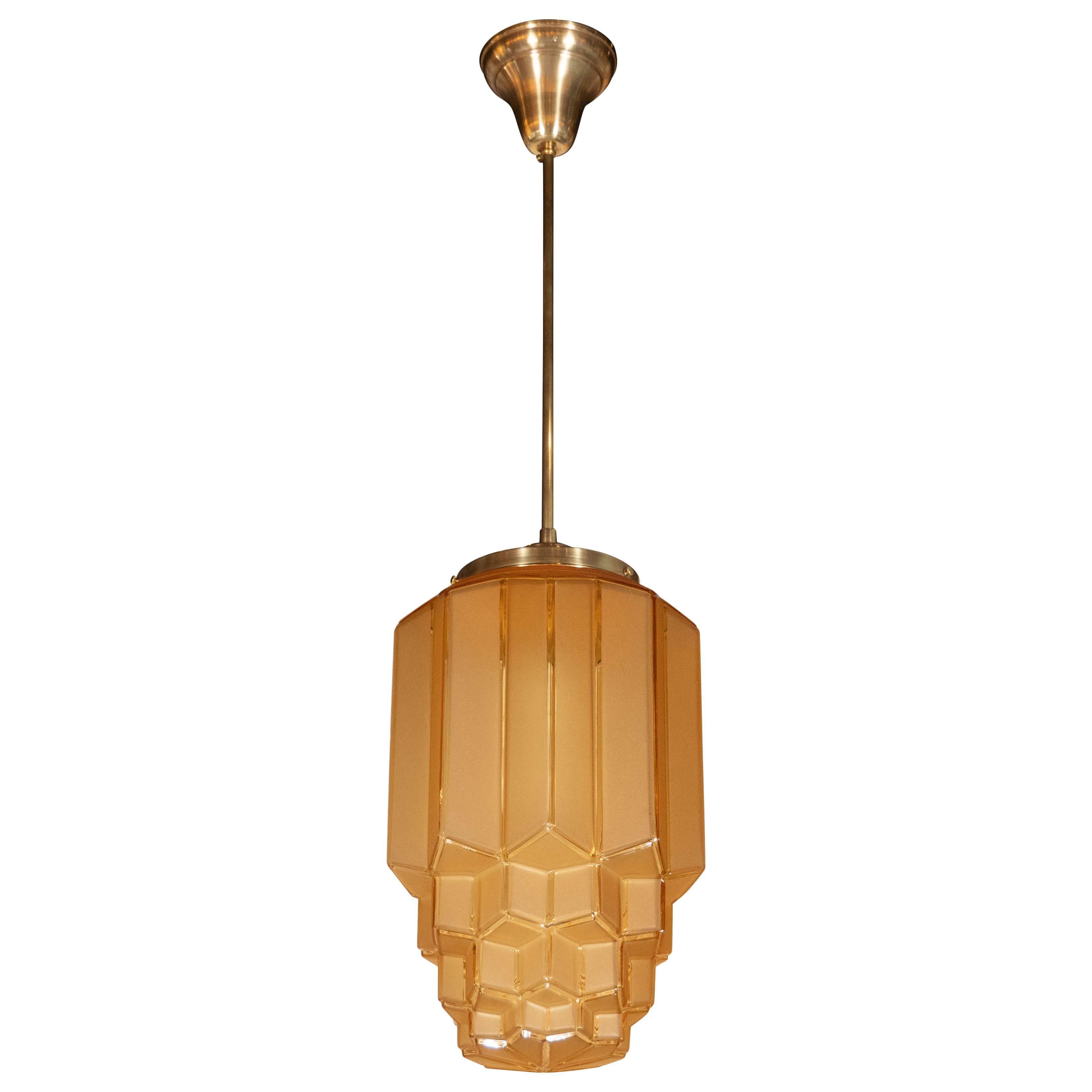 Art Deco Skyscraper Style Faceted Pendant in Frosted and Translucent Amber Glass