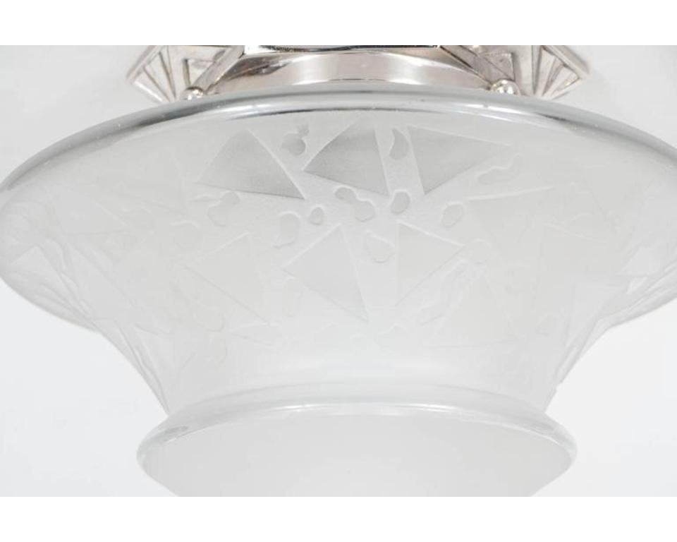 French Art Deco Skyscraper Style Frosted Glass Chandelier with Nickeled Fittings