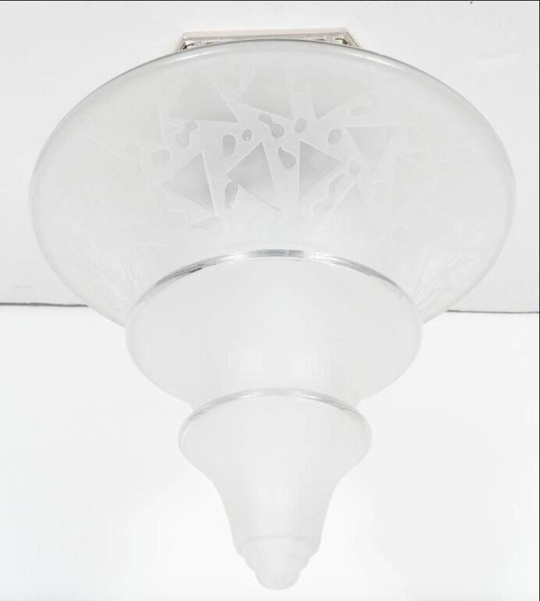 Mid-20th Century Art Deco Skyscraper Style Frosted Glass Chandelier with Nickeled Fittings