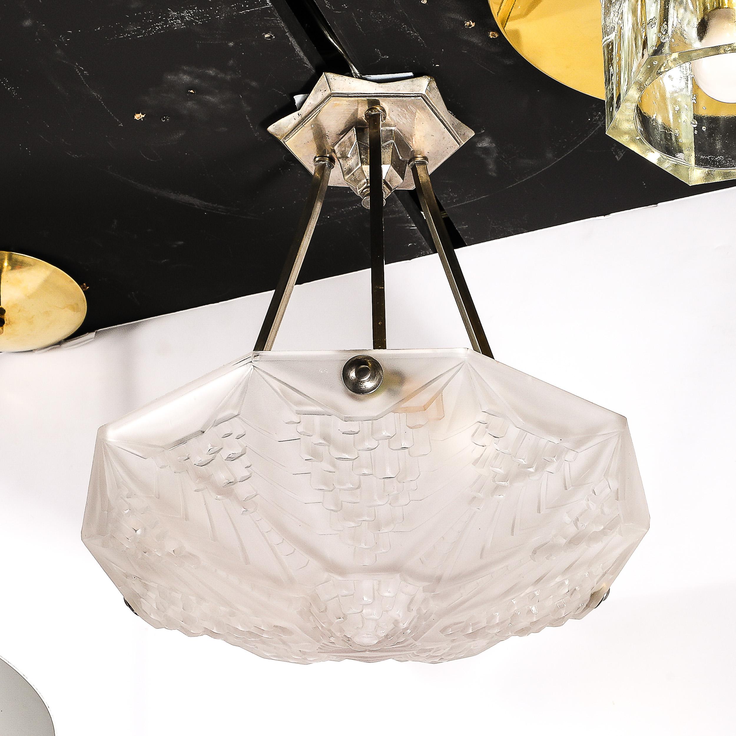 Art Deco Skyscraper Style Frosted Glass Pendant signed André Nuet for Schneider For Sale 6