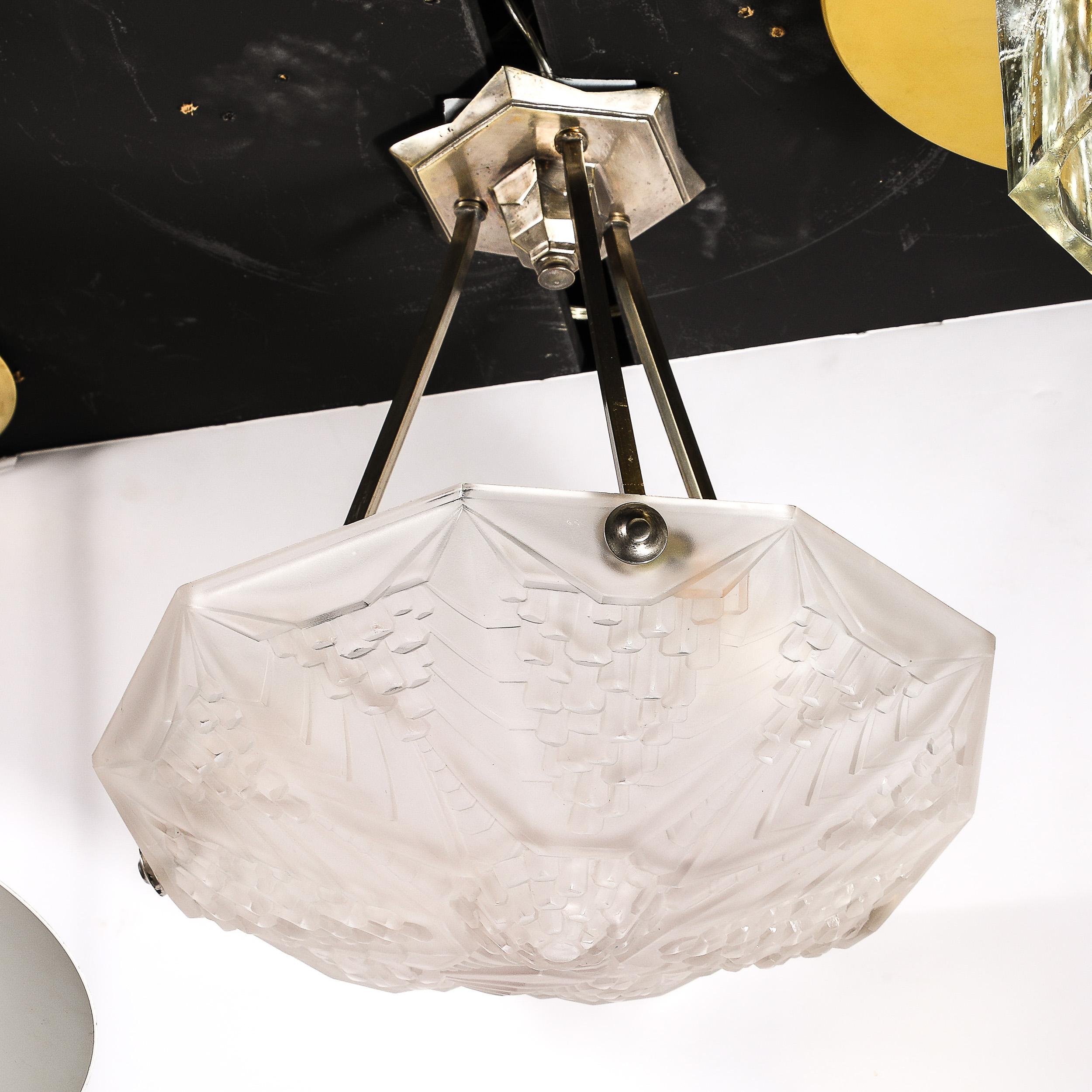 Art Deco Skyscraper Style Frosted Glass Pendant signed André Nuet for Schneider For Sale 7