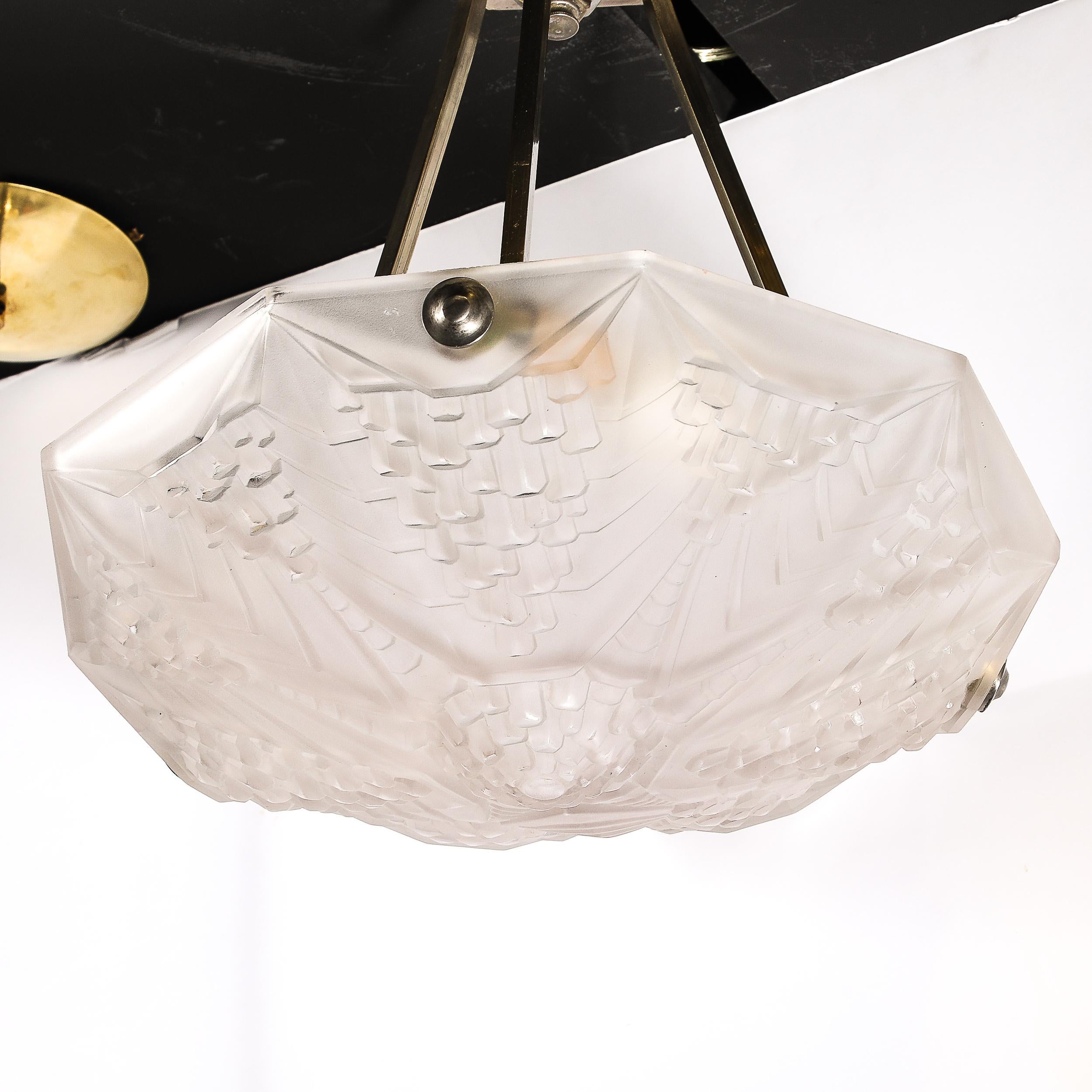 Art Deco Skyscraper Style Frosted Glass Pendant signed André Nuet for Schneider For Sale 8