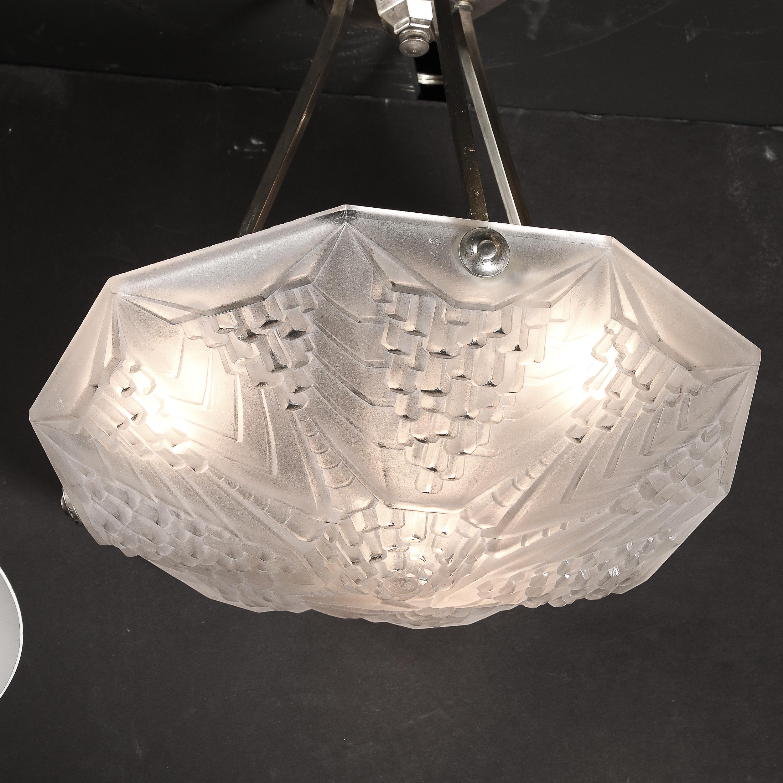 Art Deco Skyscraper Style Frosted Glass Pendant signed André Nuet for Schneider For Sale 9