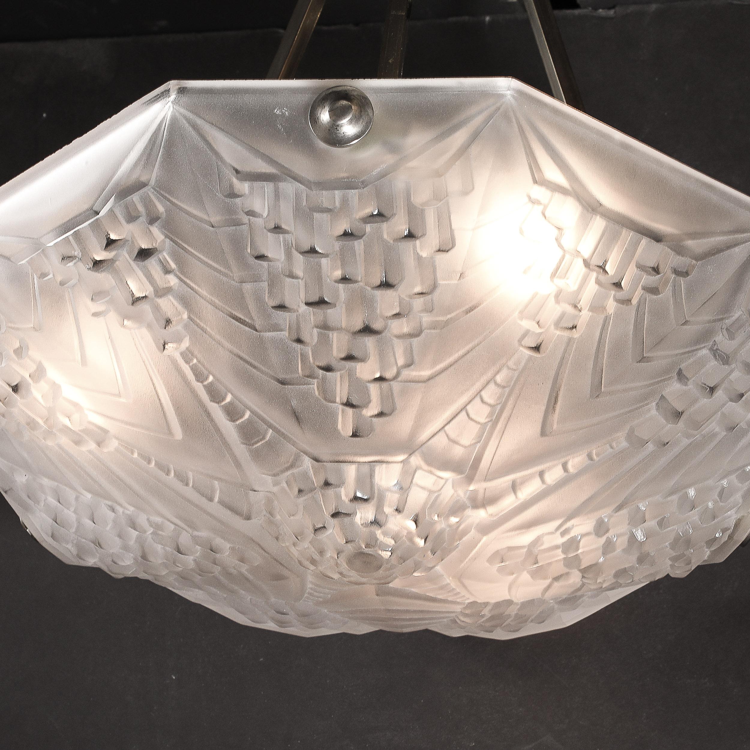 Art Deco Skyscraper Style Frosted Glass Pendant signed André Nuet for Schneider For Sale 10