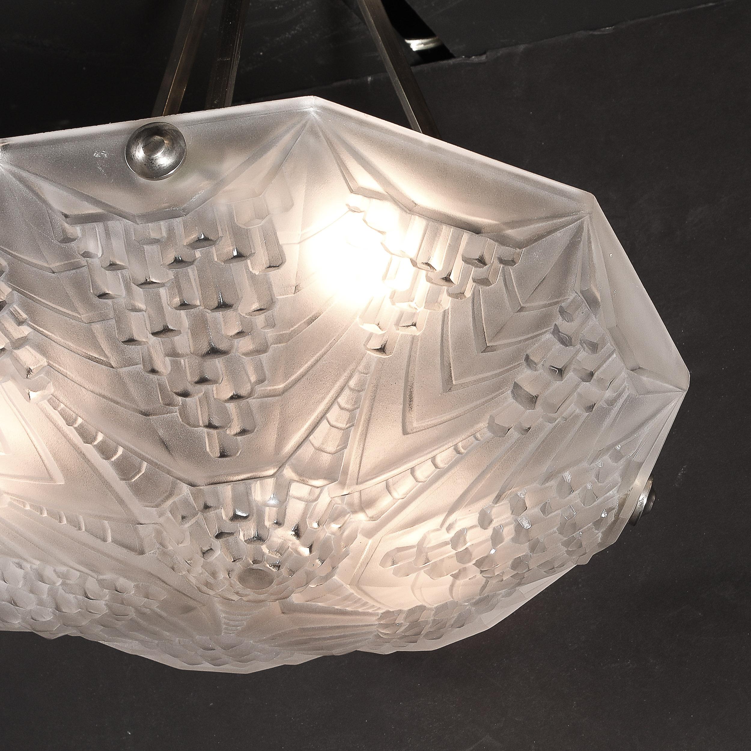 Art Deco Skyscraper Style Frosted Glass Pendant signed André Nuet for Schneider For Sale 11