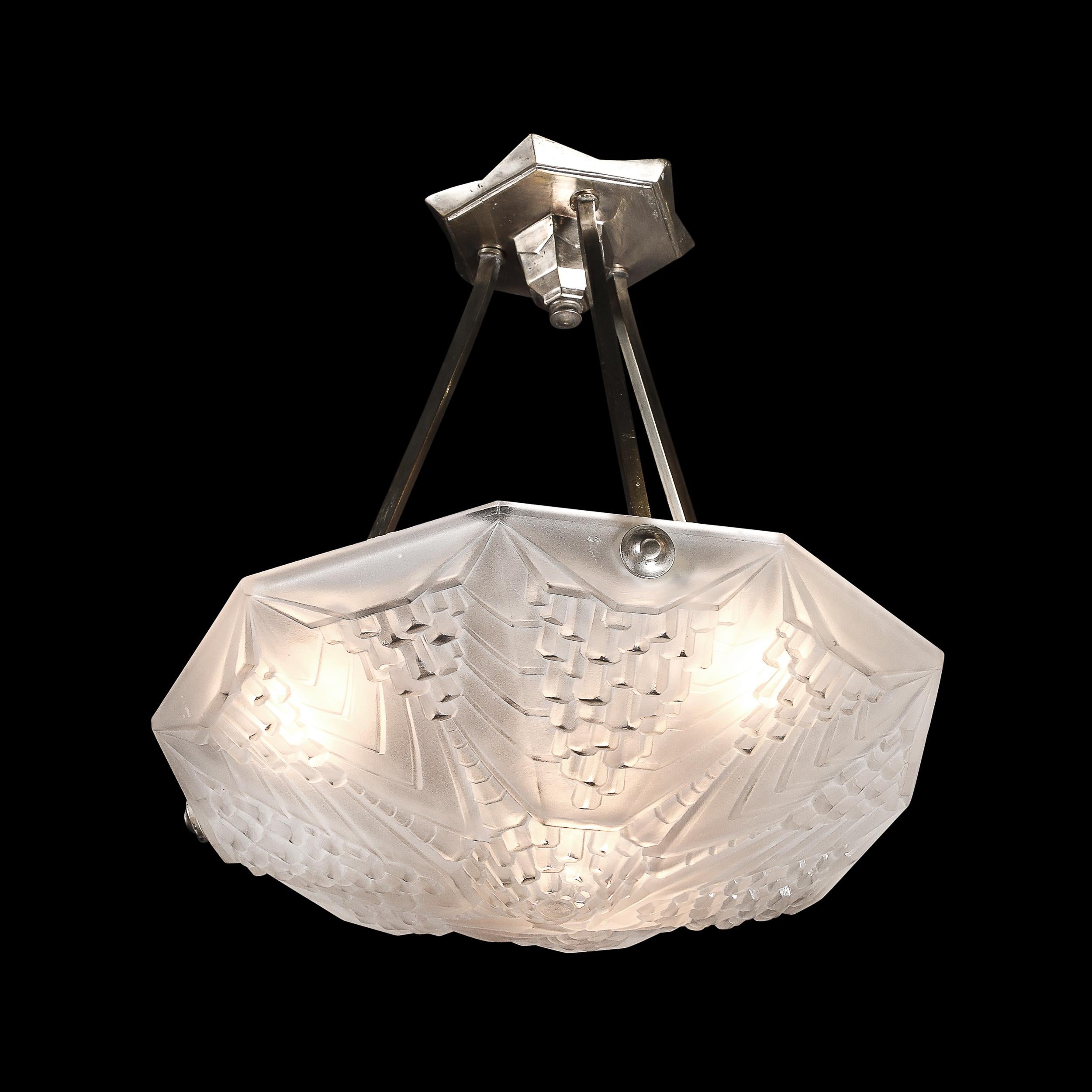French Art Deco Skyscraper Style Frosted Glass Pendant signed André Nuet for Schneider For Sale
