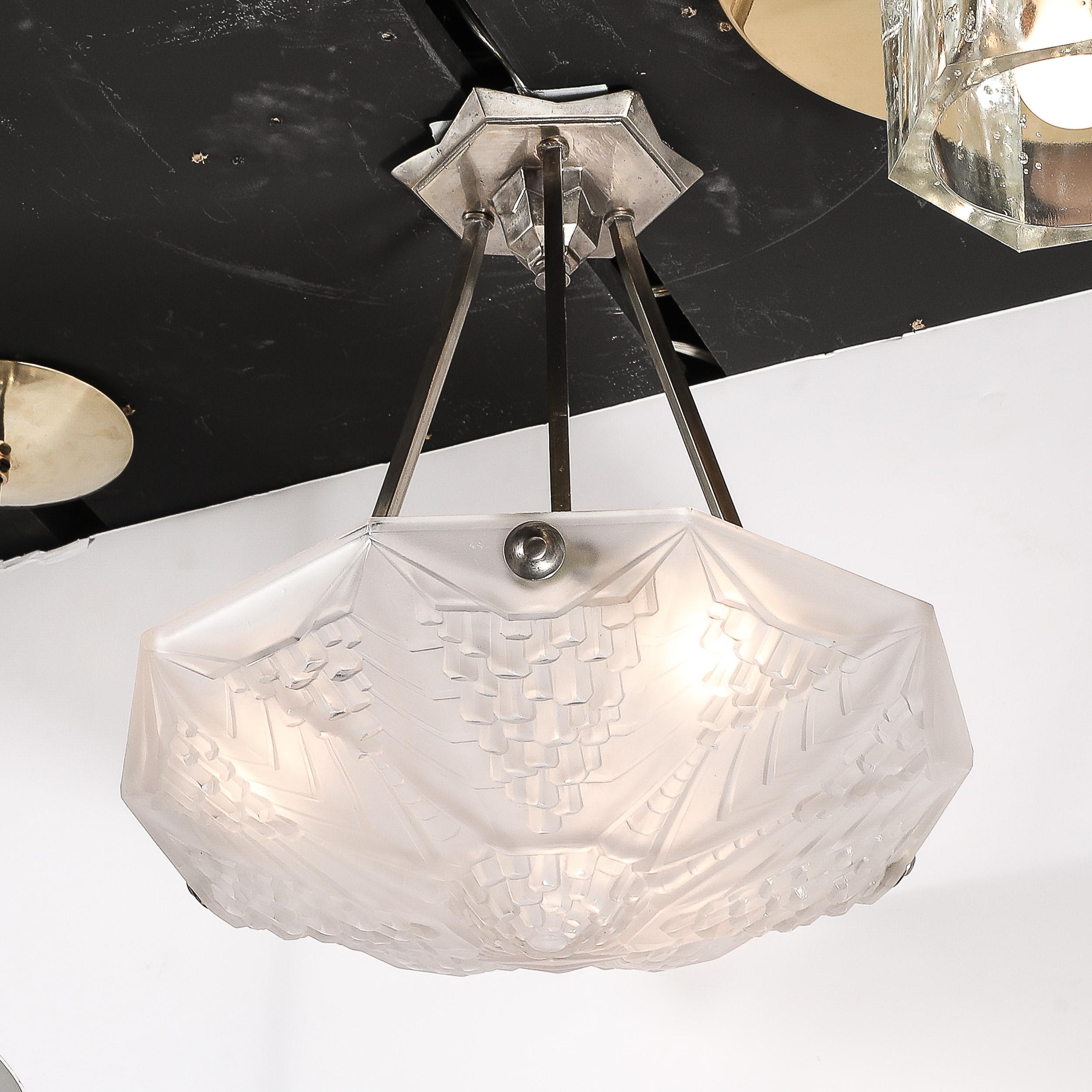 Art Deco Skyscraper Style Frosted Glass Pendant signed André Nuet for Schneider In Excellent Condition For Sale In New York, NY