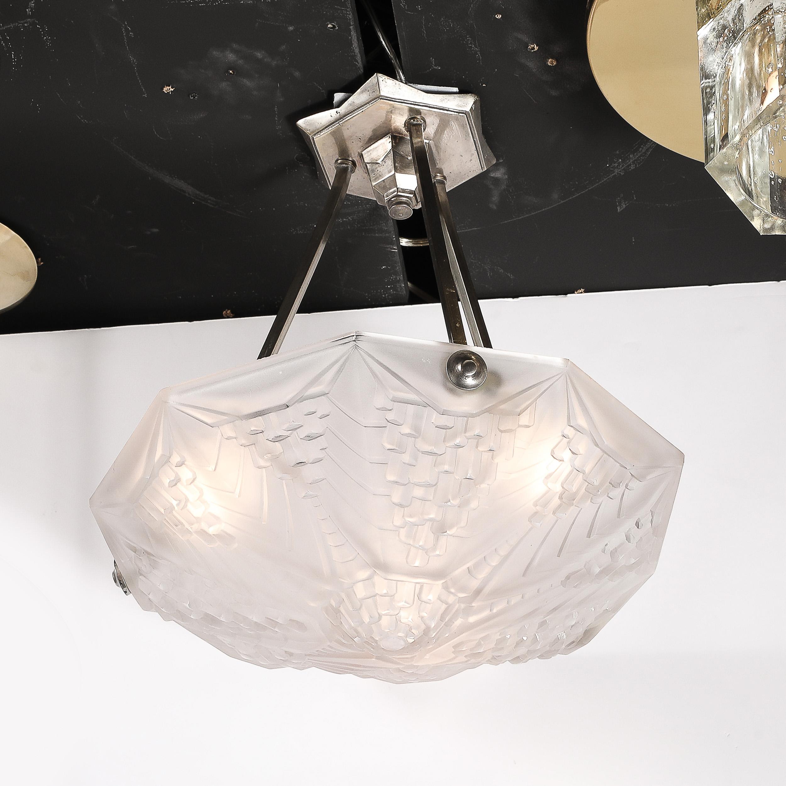 Mid-20th Century Art Deco Skyscraper Style Frosted Glass Pendant signed André Nuet for Schneider For Sale