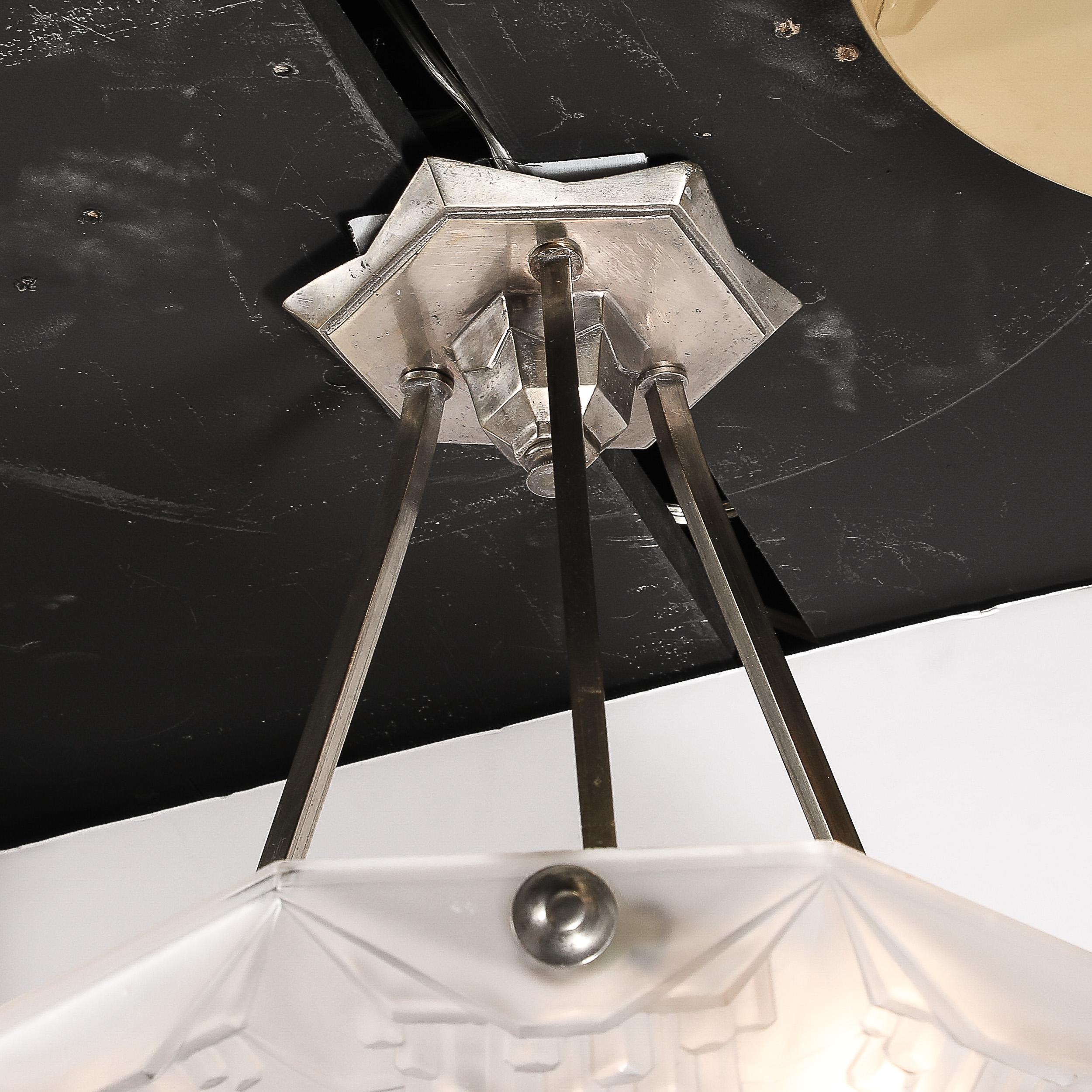 Art Deco Skyscraper Style Frosted Glass Pendant signed André Nuet for Schneider For Sale 2