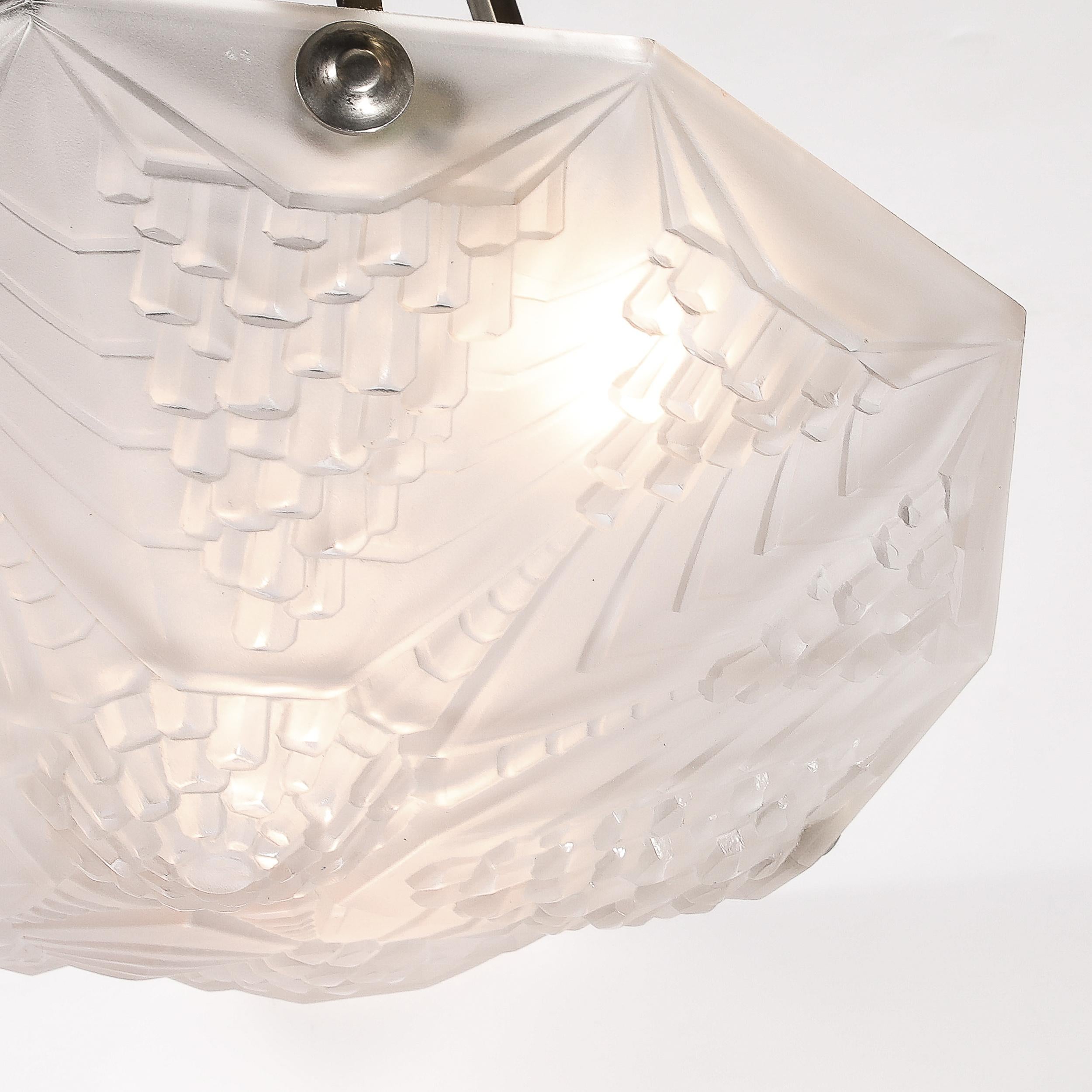 Art Deco Skyscraper Style Frosted Glass Pendant signed André Nuet for Schneider For Sale 3