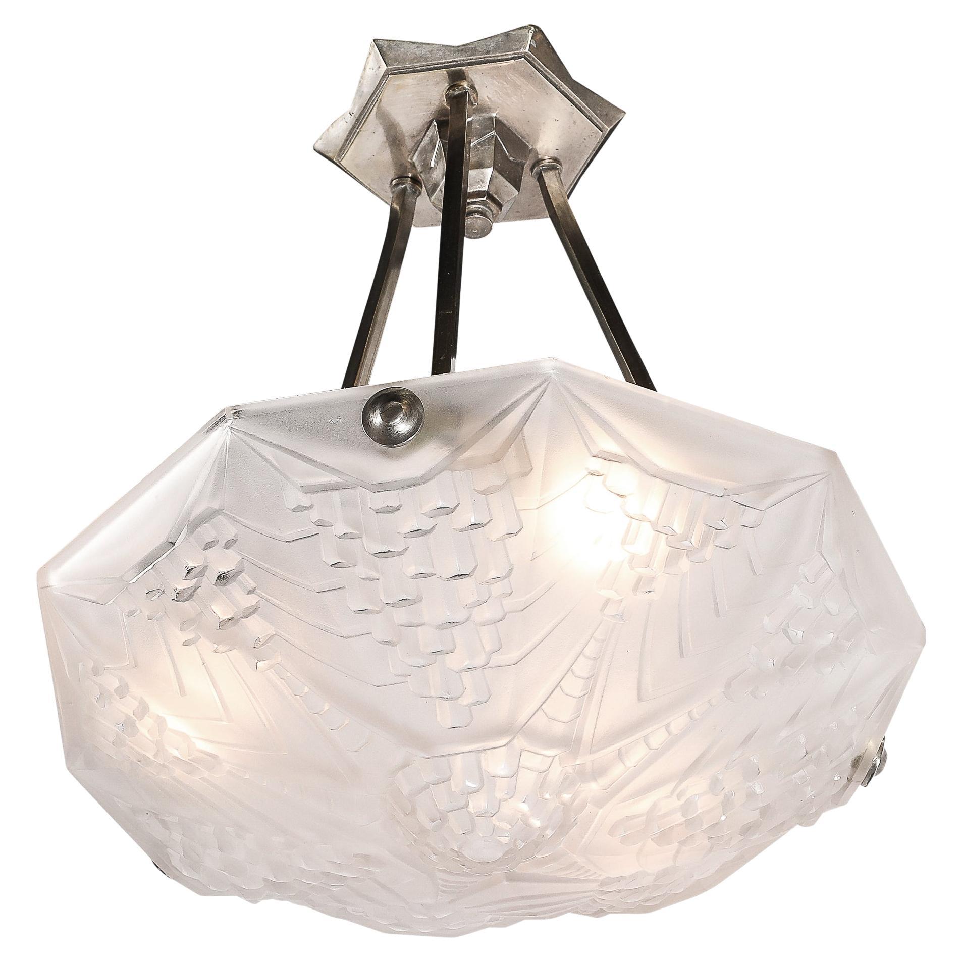 Art Deco Skyscraper Style Frosted Glass Pendant signed André Nuet for Schneider For Sale
