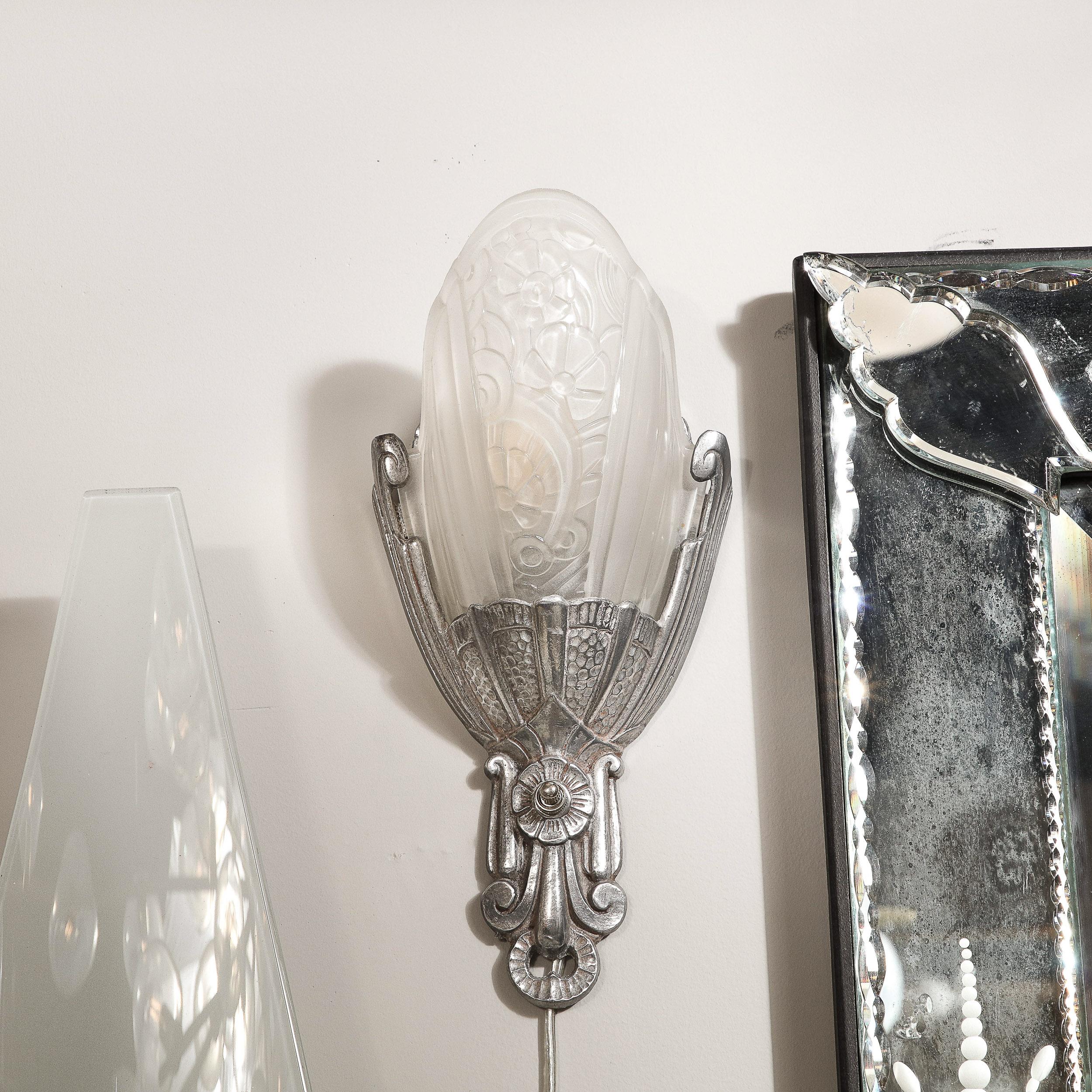 American Art Deco Skyscraper Style Frosted Glass Sconces w/ Silvered Fittings 