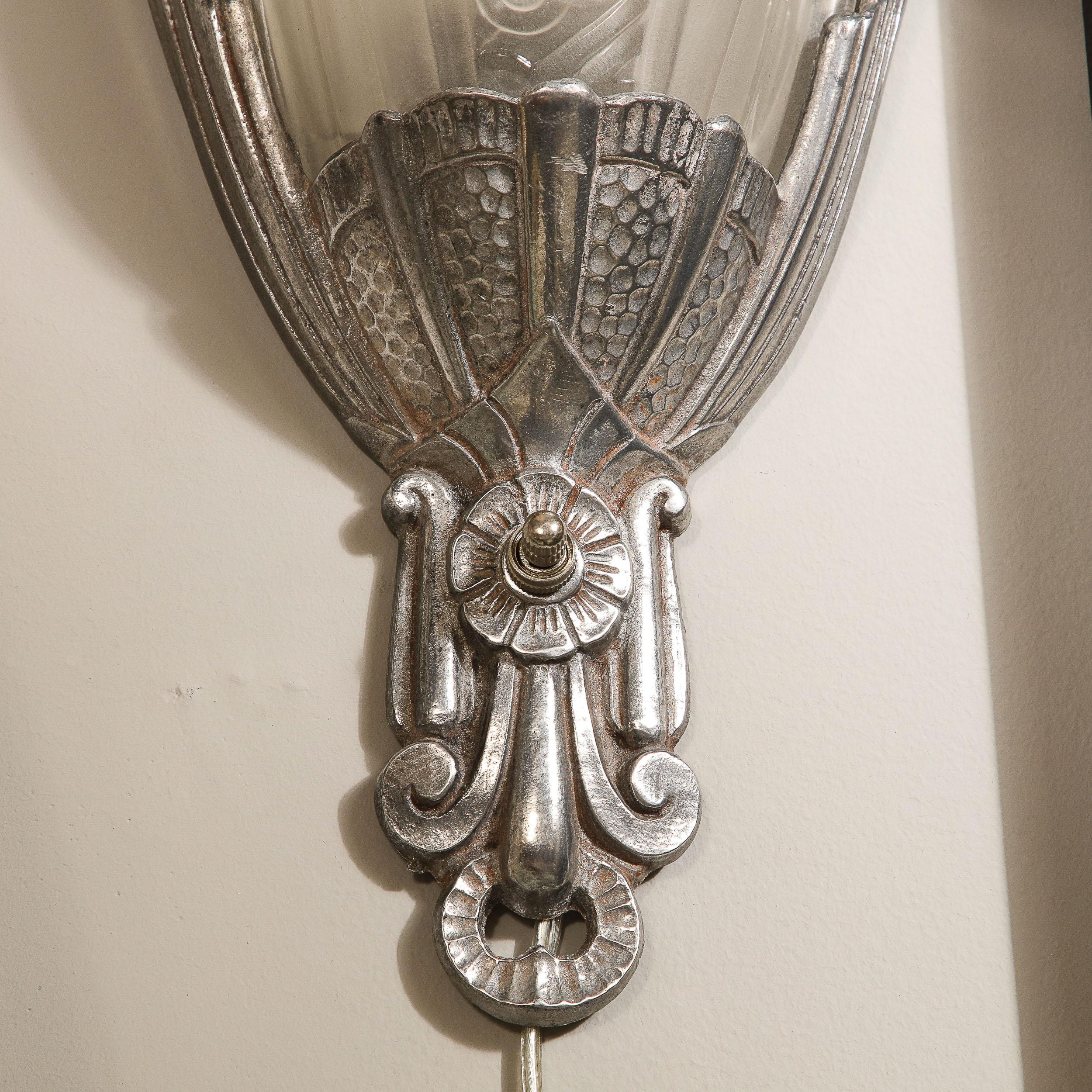 Art Deco Skyscraper Style Frosted Glass Sconces w/ Silvered Fittings  In Excellent Condition In New York, NY