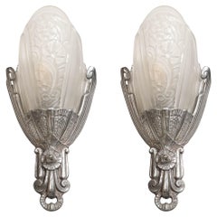 Art Deco Skyscraper Style Frosted Glass Sconces w/ Silvered Fittings 