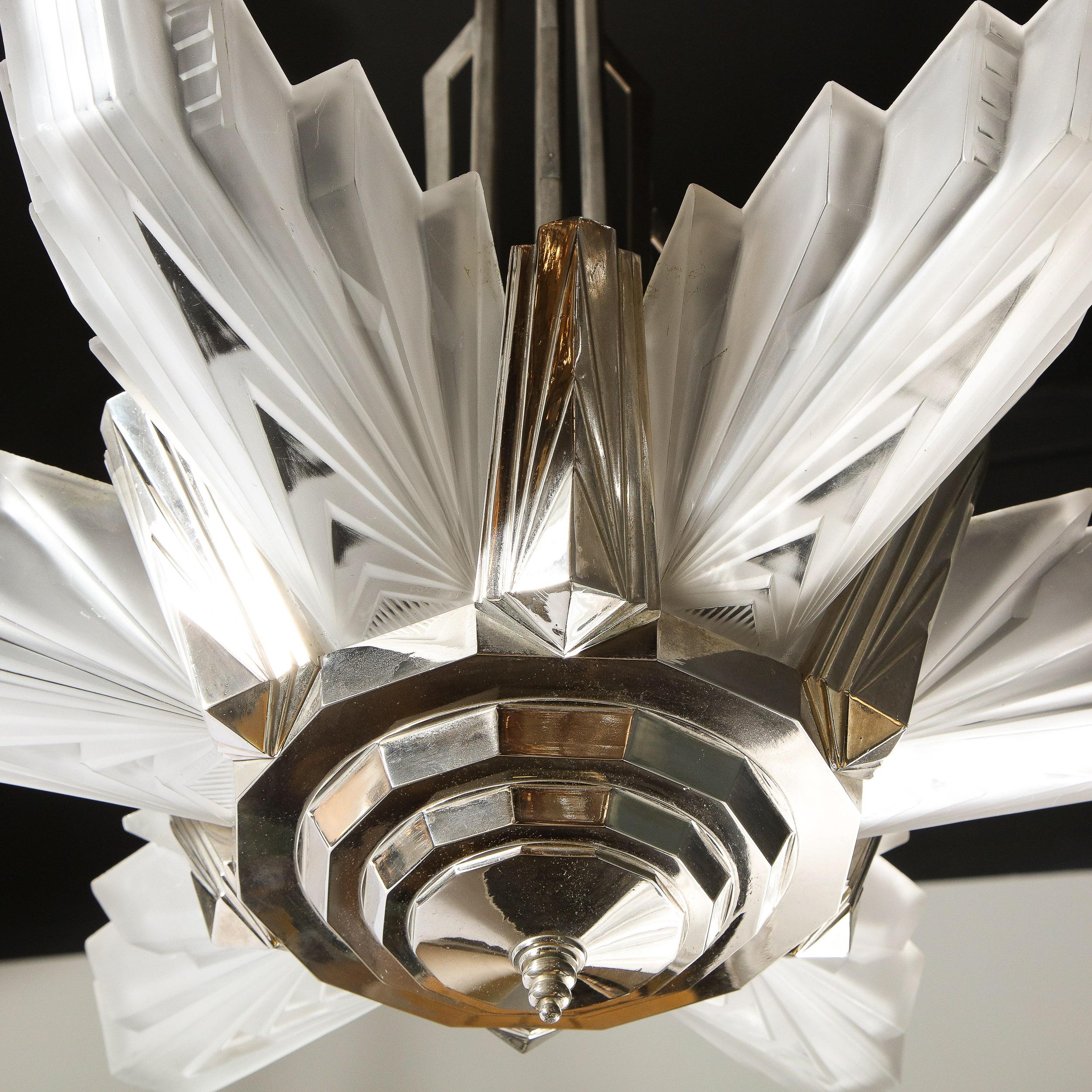 Art Deco Skyscraper Style Frosted Glass & Silvered Bronze Chandelier by Petitot  4