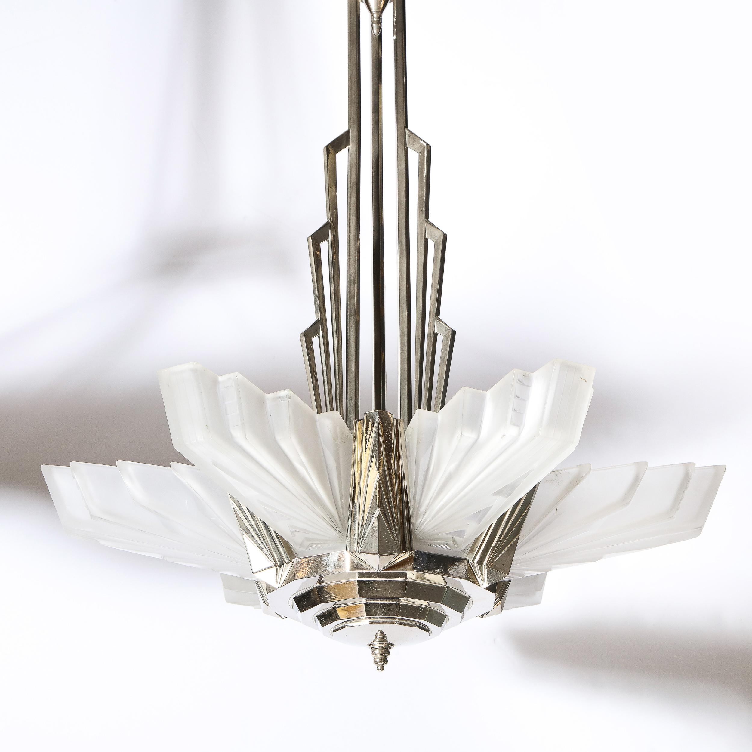 Art Deco Skyscraper Style Frosted Glass & Silvered Bronze Chandelier by Petitot  8