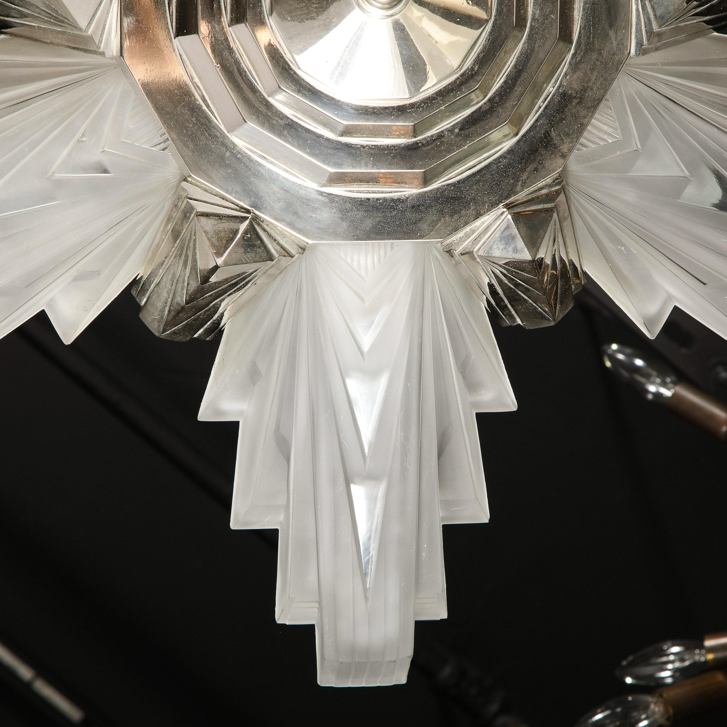 Art Deco Skyscraper Style Frosted Glass & Silvered Bronze Chandelier by Petitot  10