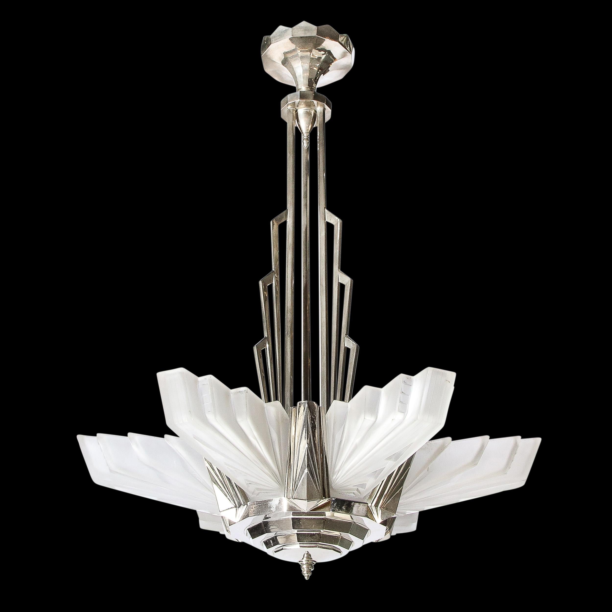 French Art Deco Skyscraper Style Frosted Glass & Silvered Bronze Chandelier by Petitot 