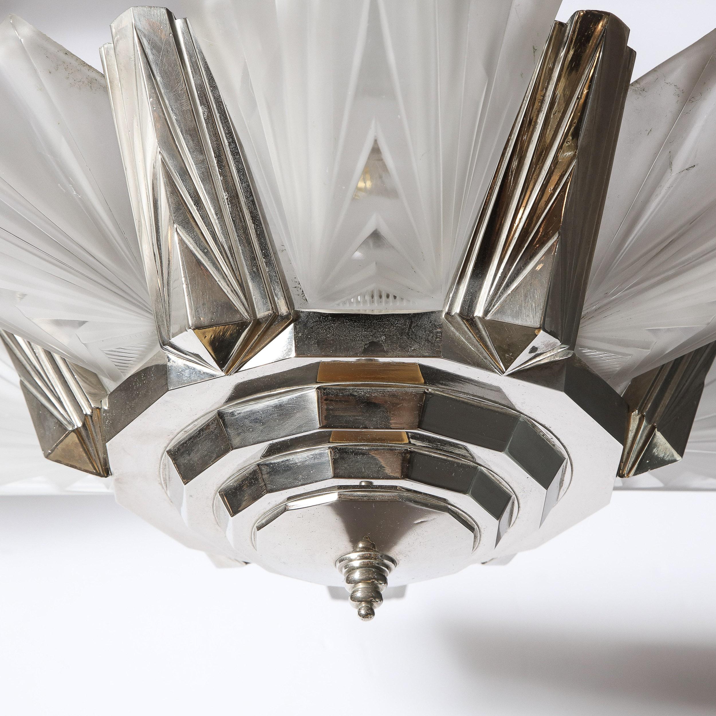 Art Deco Skyscraper Style Frosted Glass & Silvered Bronze Chandelier by Petitot  1