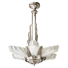 Art Deco Skyscraper Style Frosted Glass & Silvered Bronze Chandelier by Petitot 