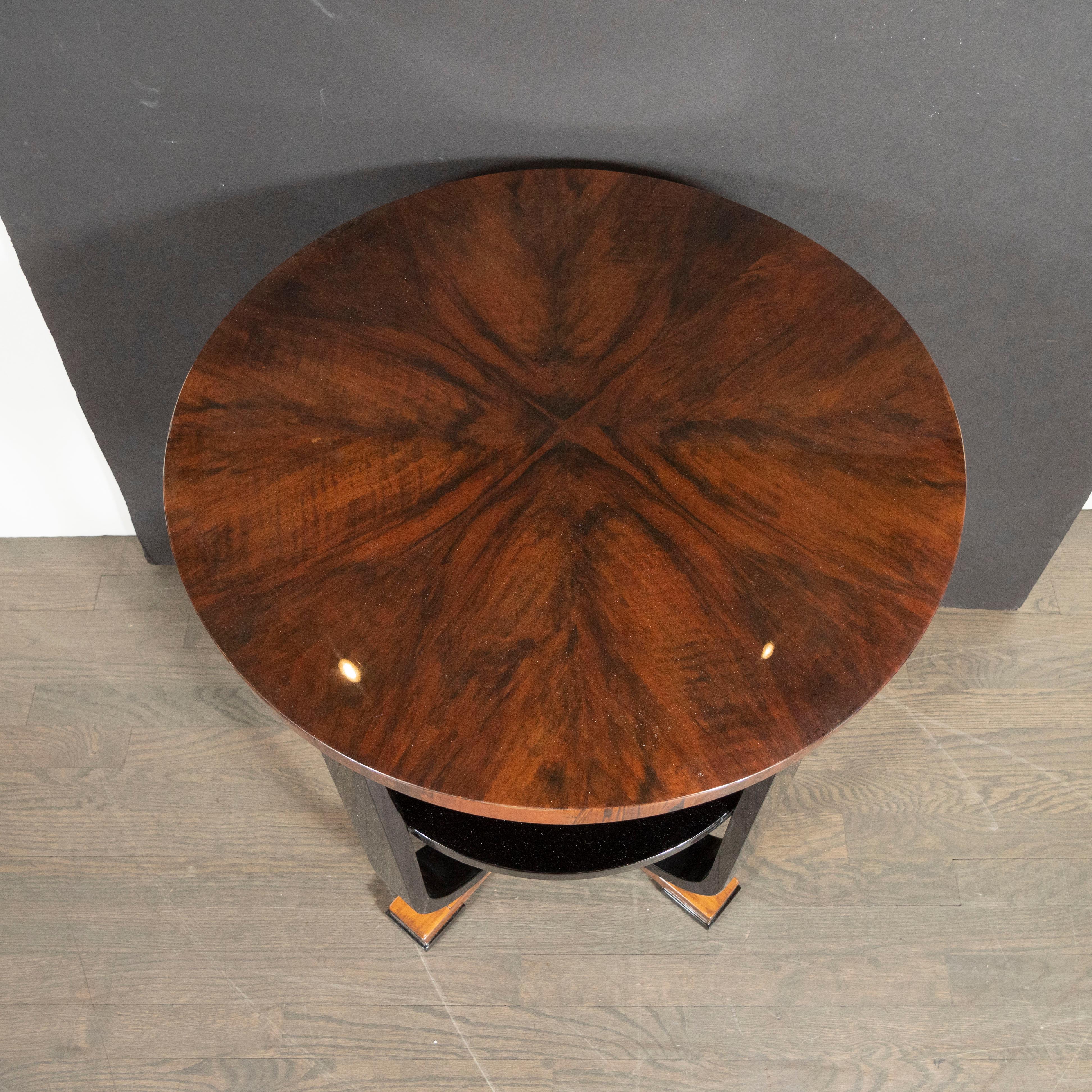 American Art Deco Skyscraper Style Lacquer & Bookmatched Walnut Two-Tier Gueridon Table