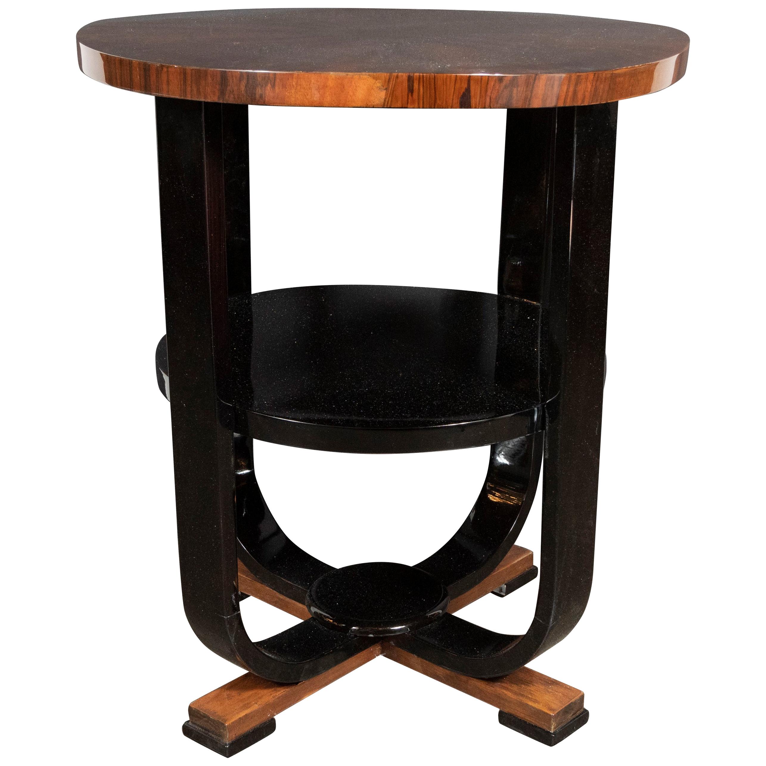 Art Deco Skyscraper Style Lacquer & Bookmatched Walnut Two-Tier Gueridon Table