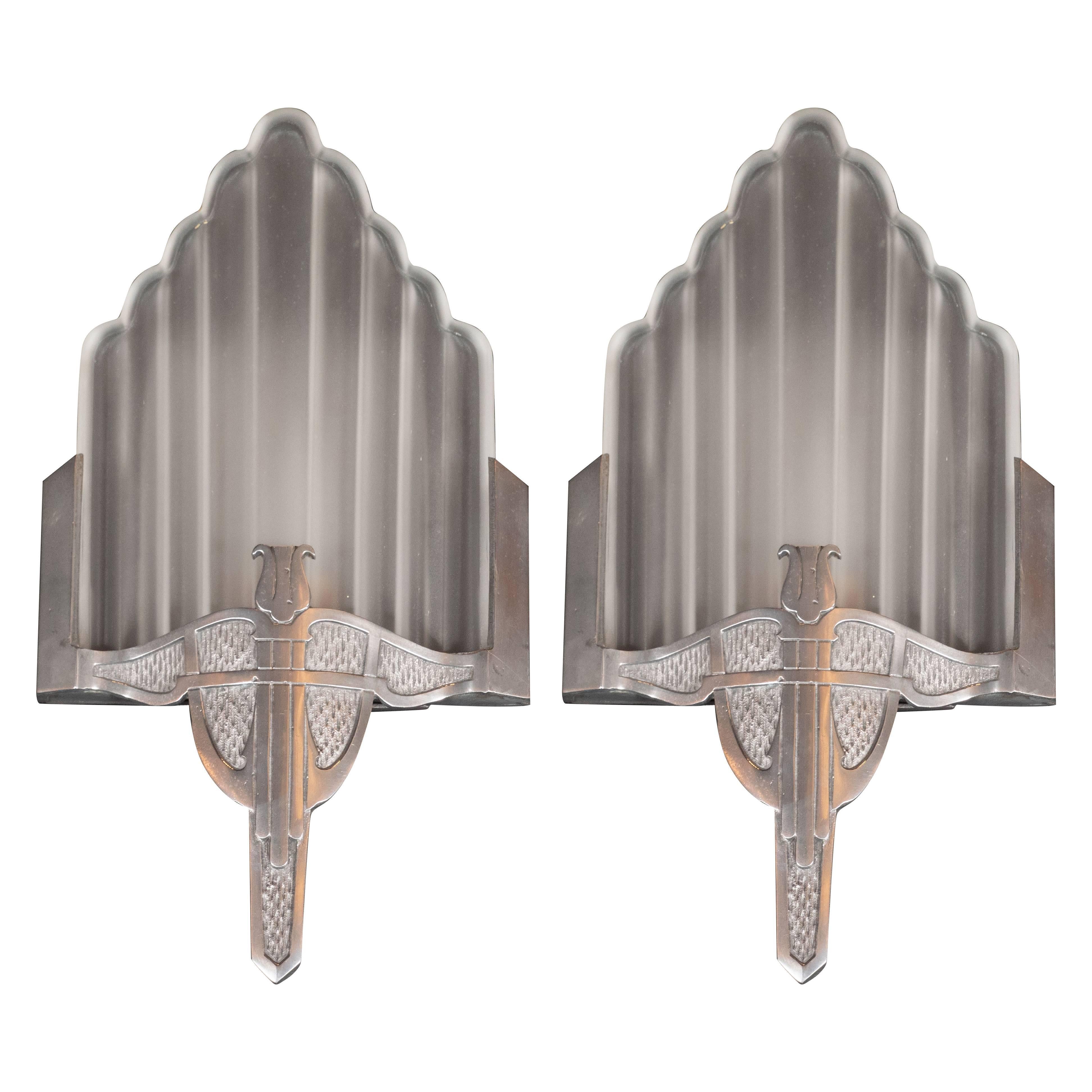 Art Deco Skyscraper Style Machine Age Nickelled Bronze and Frosted Glass Sconces