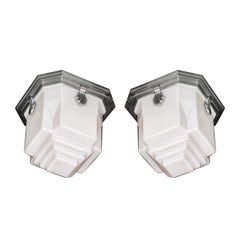 Art Deco Skyscraper Style Milk Glass Flush Mounts w/ Polished Aluminum Fittings