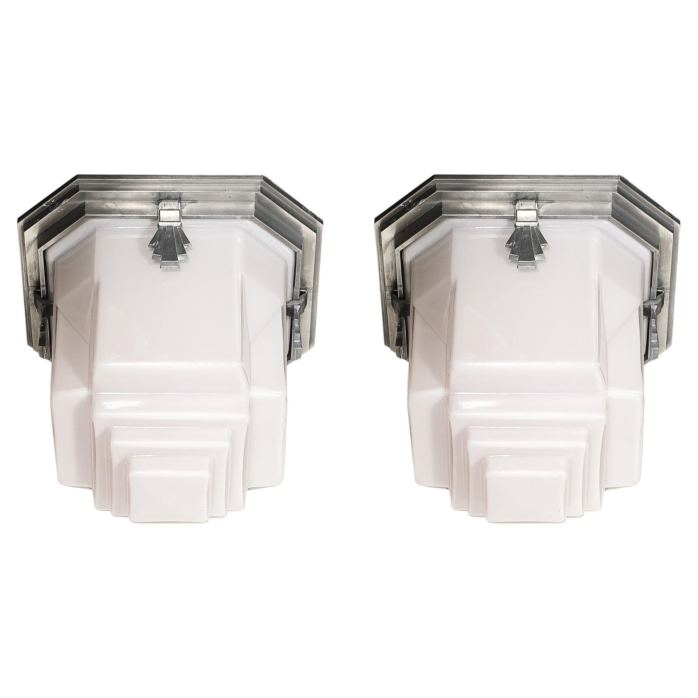 Art Deco Skyscraper Style Milk Glass Flush Mounts w/ Polished Aluminum Fittings
