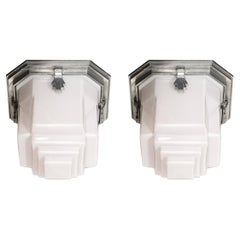 Art Deco Skyscraper Style Milk Glass Flush Mounts w/ Polished Aluminum Fittings