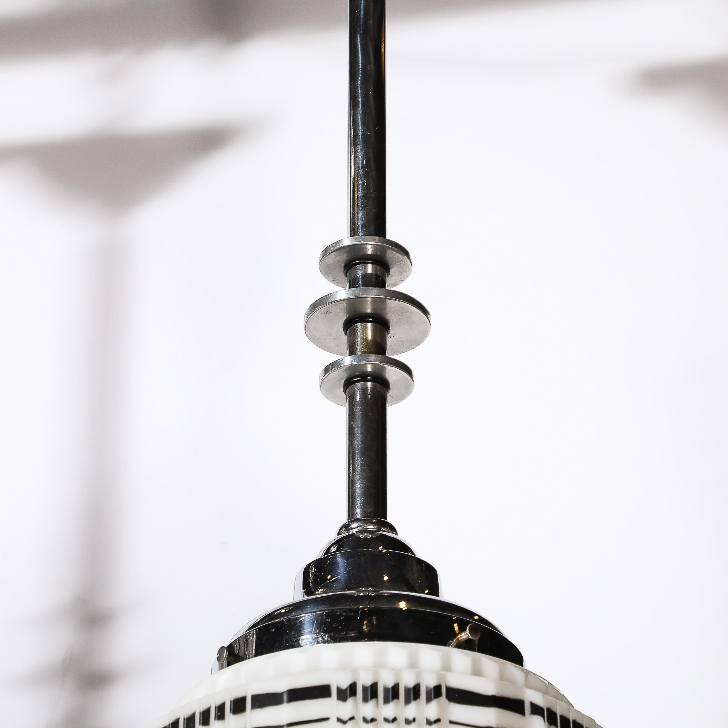 Art Deco Skyscraper Style Milk Glass Pendant w/ Black Enamel & Chrome Detailing 5