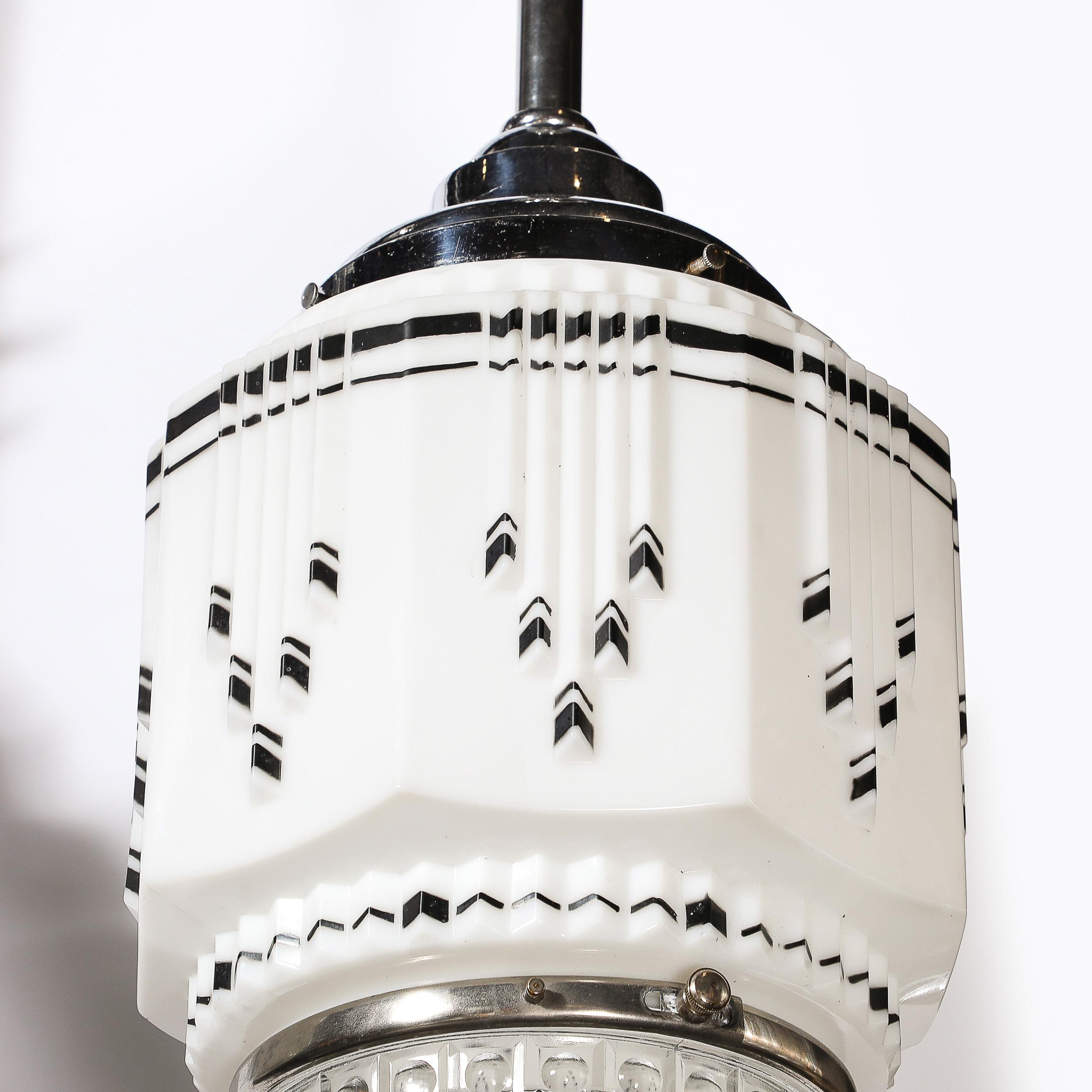 Art Deco Skyscraper Style Milk Glass Pendant w/ Black Enamel & Chrome Detailing For Sale 6