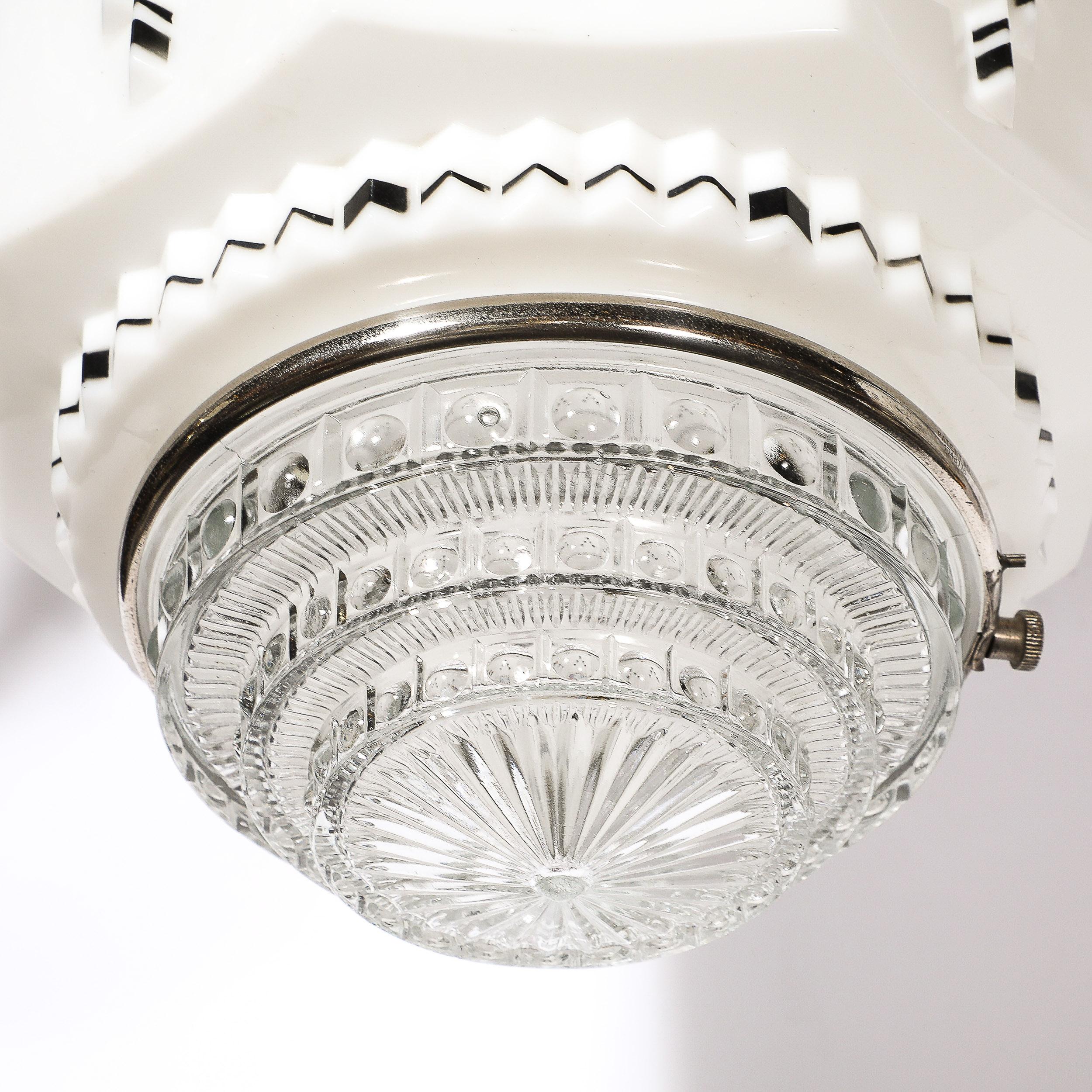 Art Deco Skyscraper Style Milk Glass Pendant w/ Black Enamel & Chrome Detailing 7