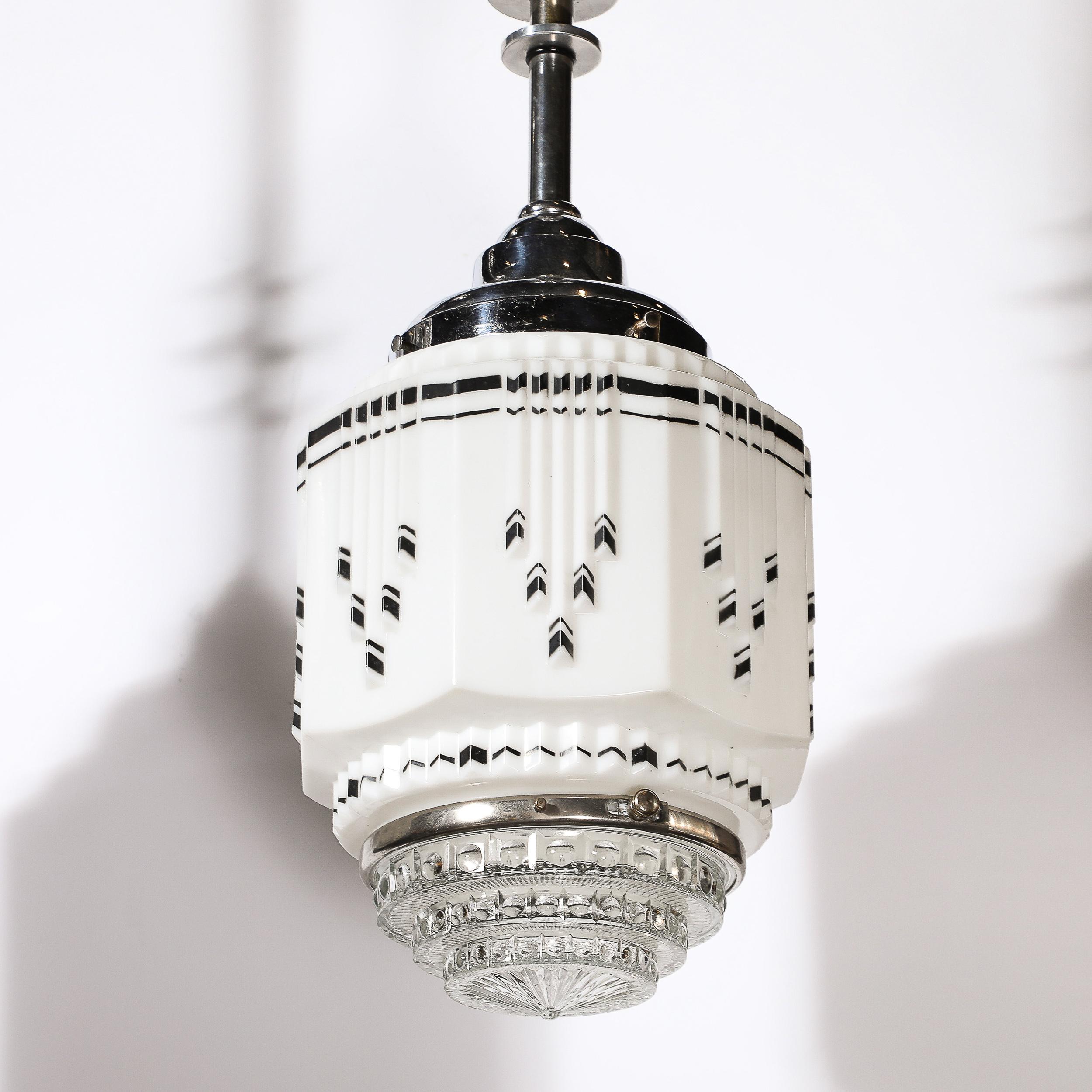 Art Deco Skyscraper Style Milk Glass Pendant w/ Black Enamel & Chrome Detailing 3