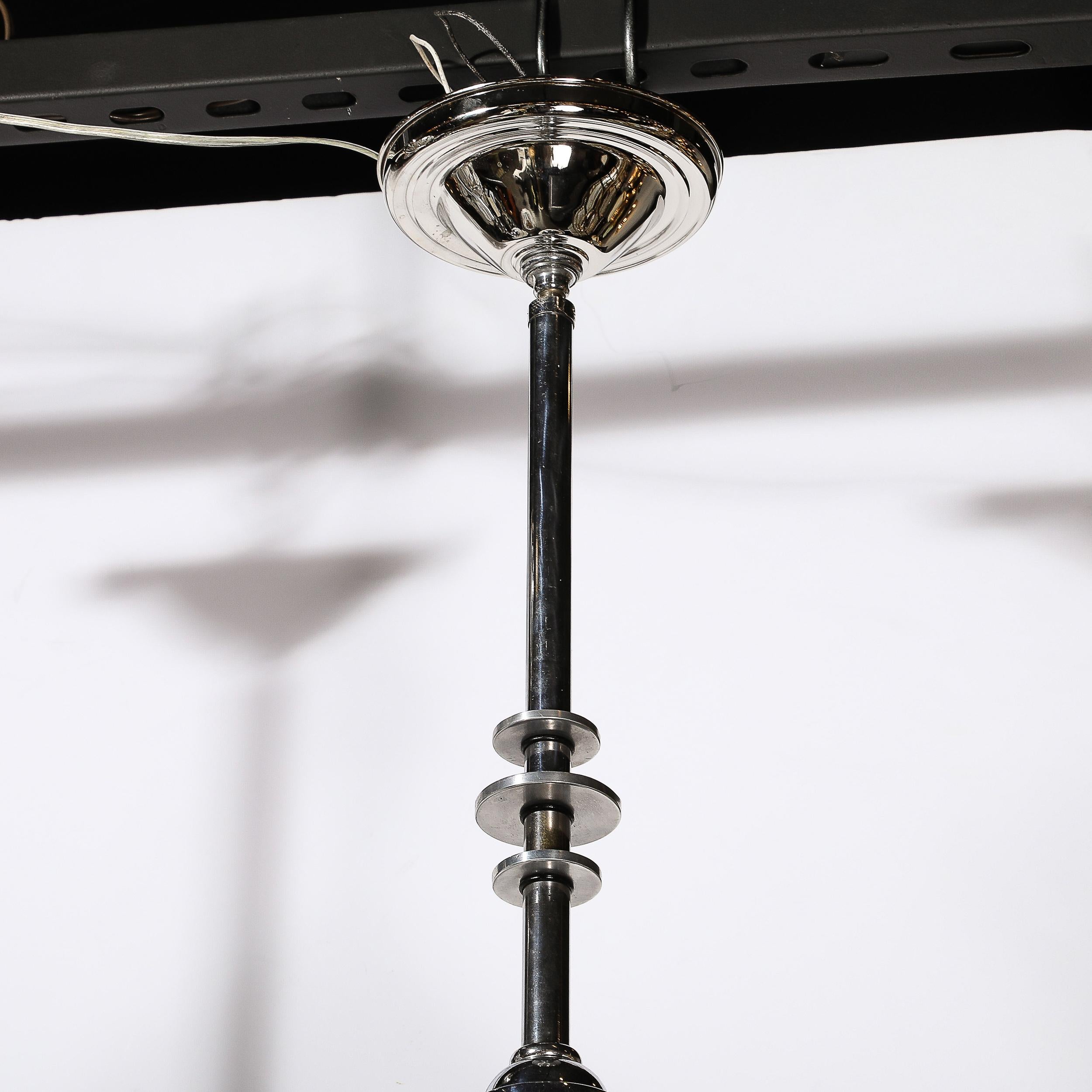 Art Deco Skyscraper Style Milk Glass Pendant w/ Black Enamel & Chrome Detailing 4