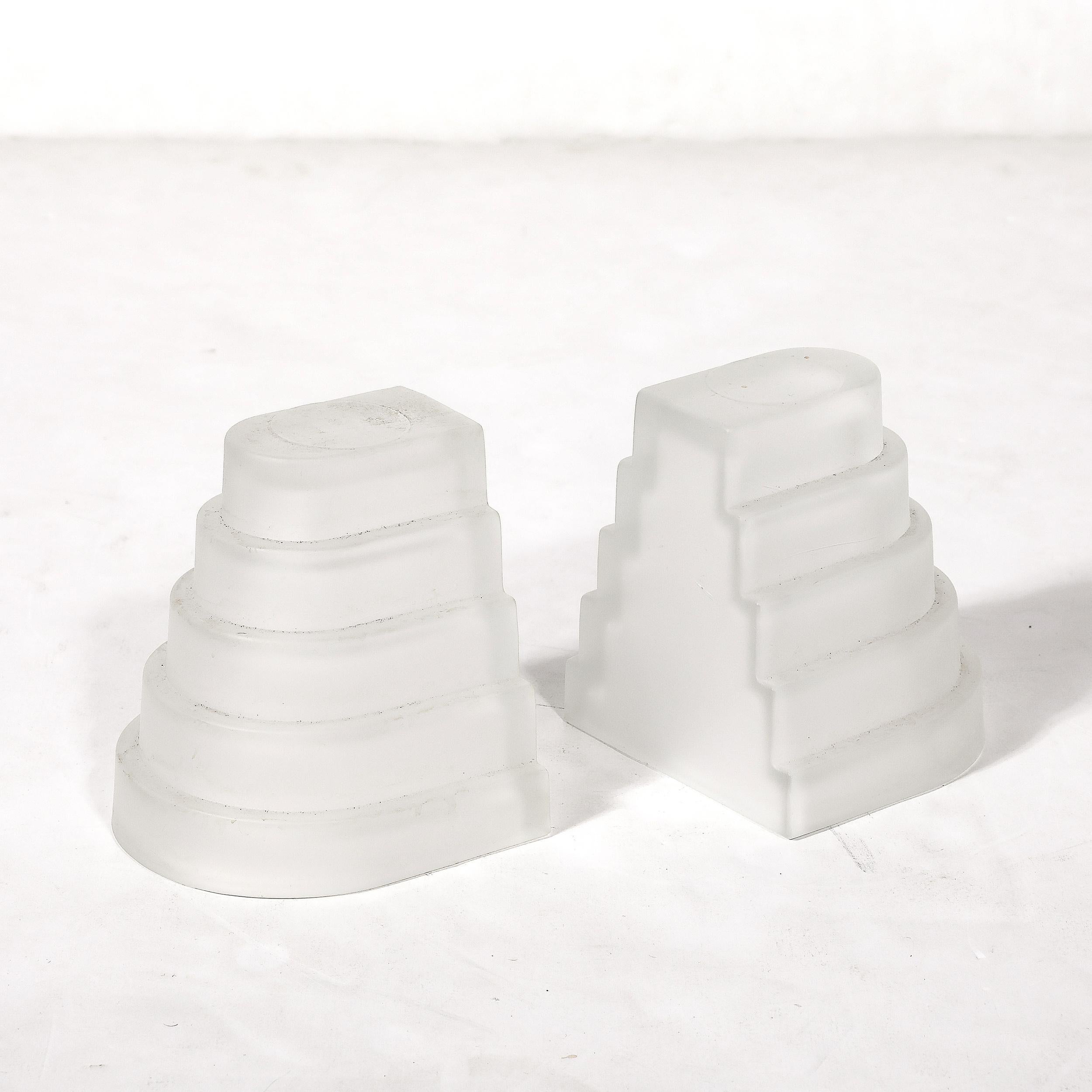 American Art Deco Skyscraper Style Molded and Frosted Glass Bookends For Sale