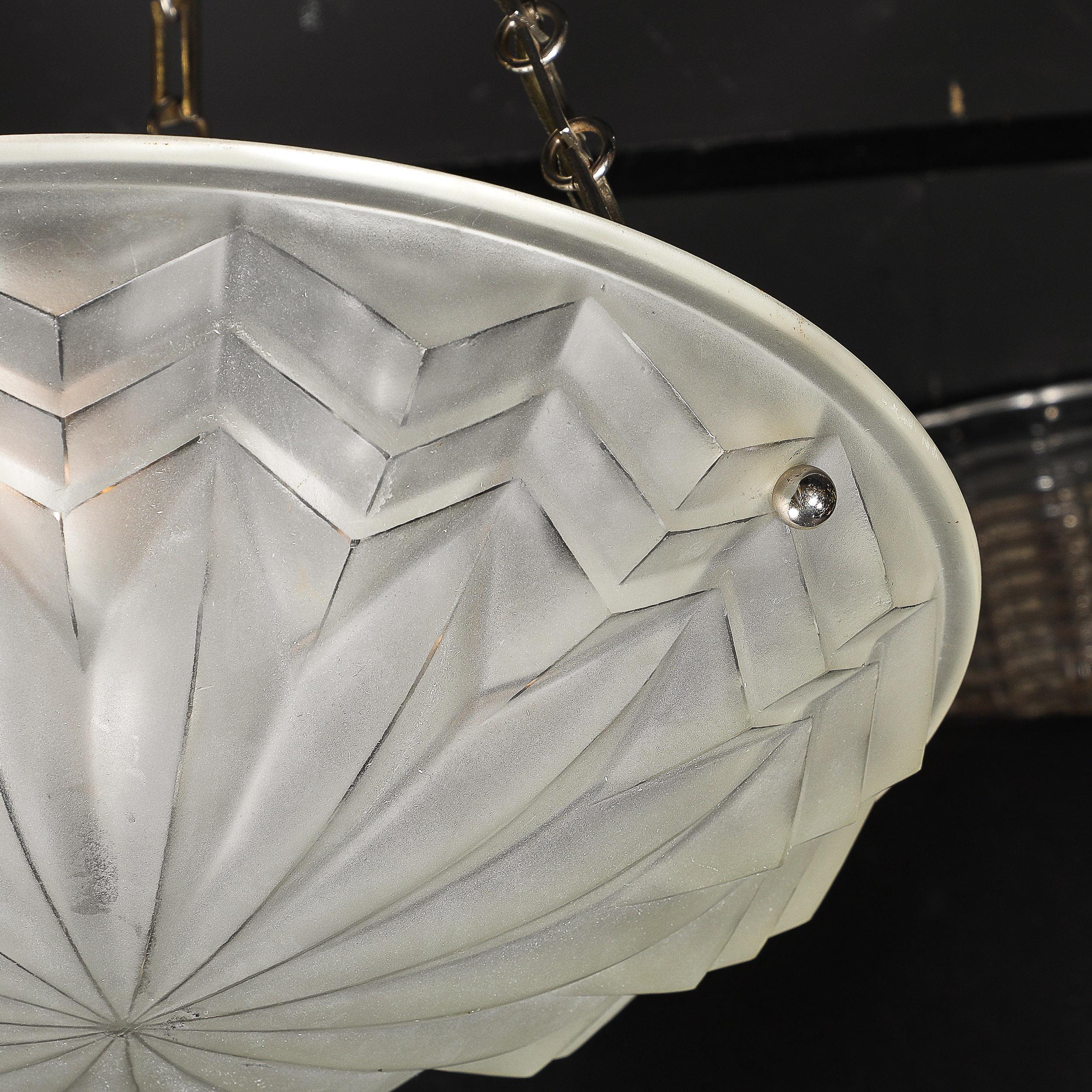 Art Deco Skyscraper Style Molded & Frosted Glass Pendant Chandelier 7