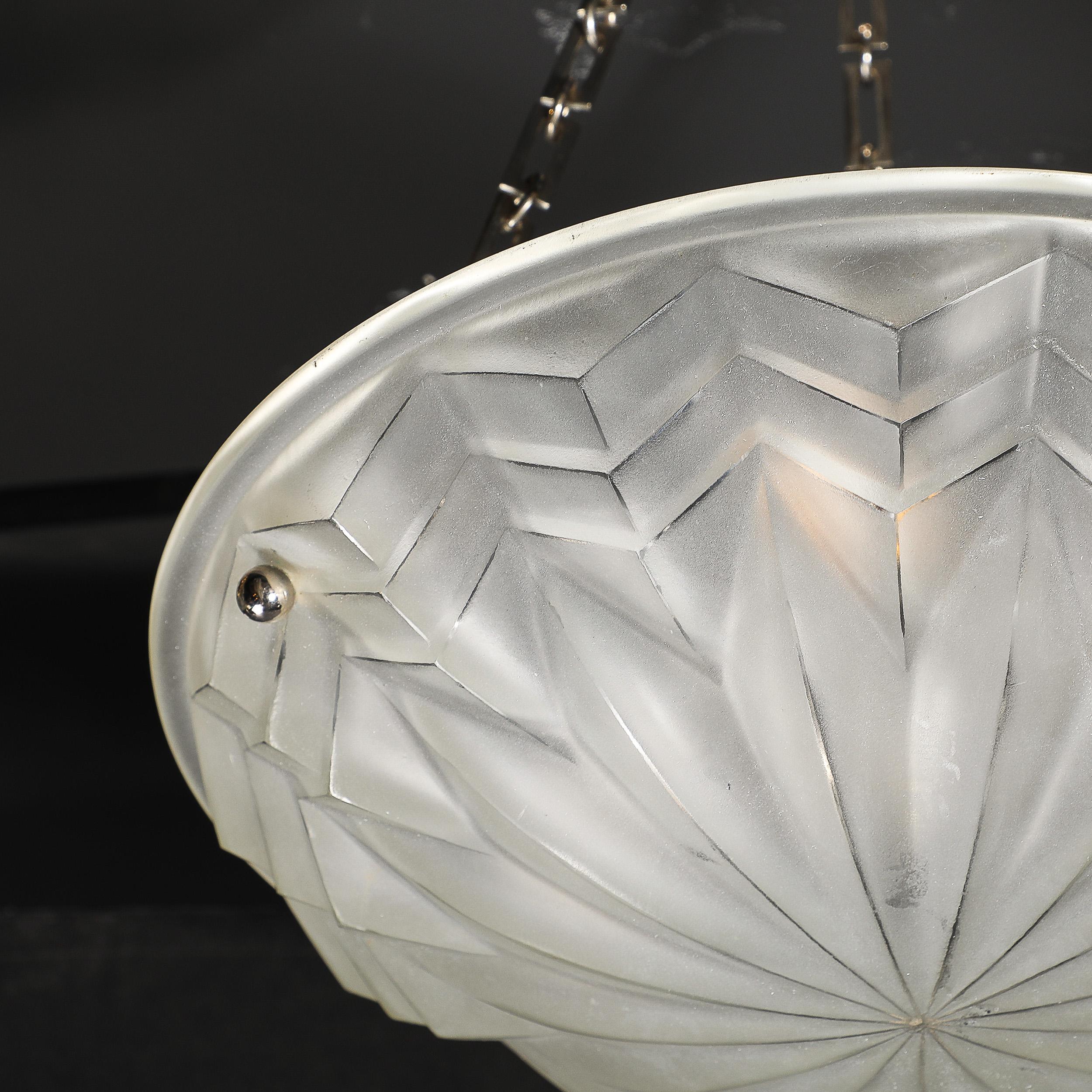 Art Deco Skyscraper Style Molded & Frosted Glass Pendant Chandelier 10