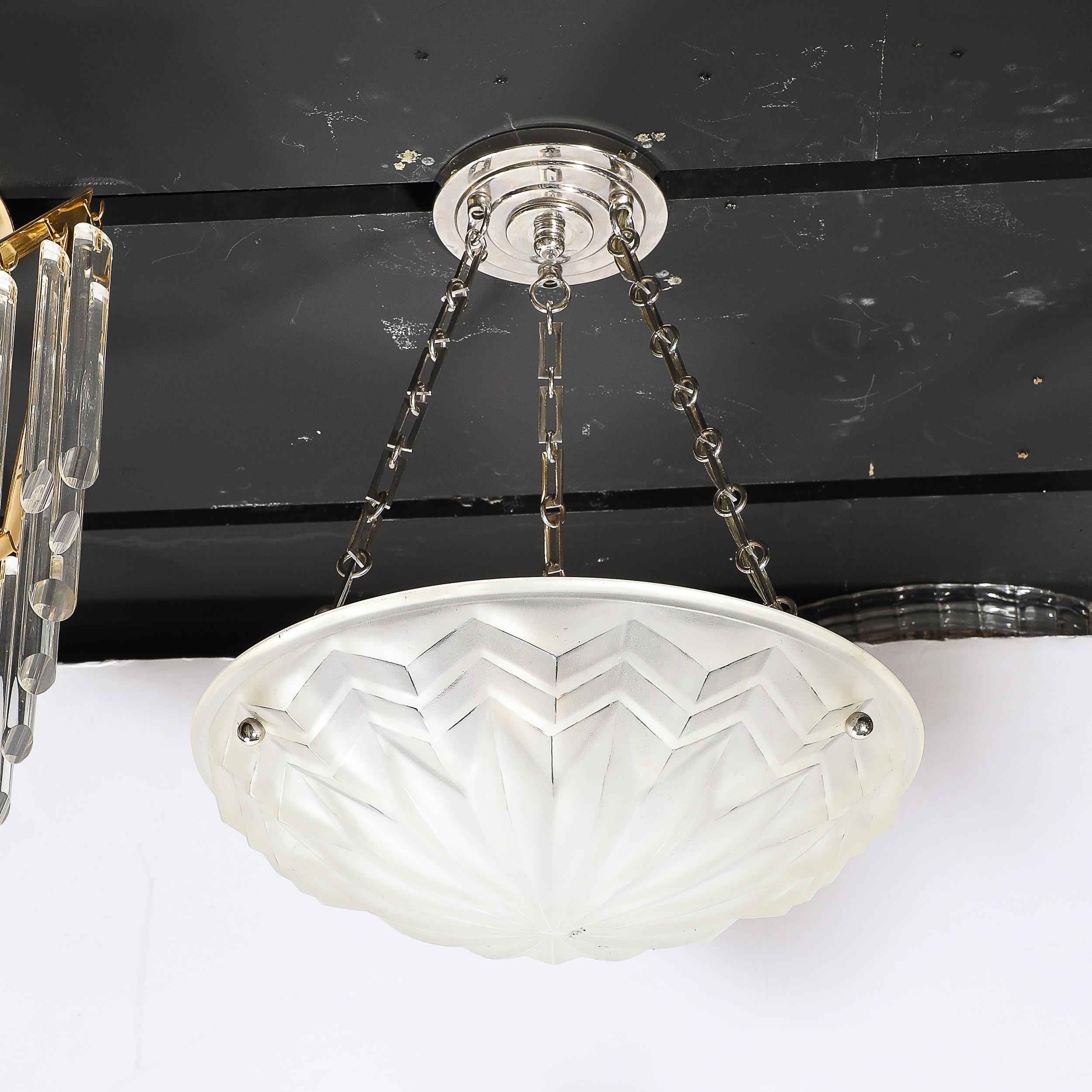 French Art Deco Skyscraper Style Molded & Frosted Glass Pendant Chandelier