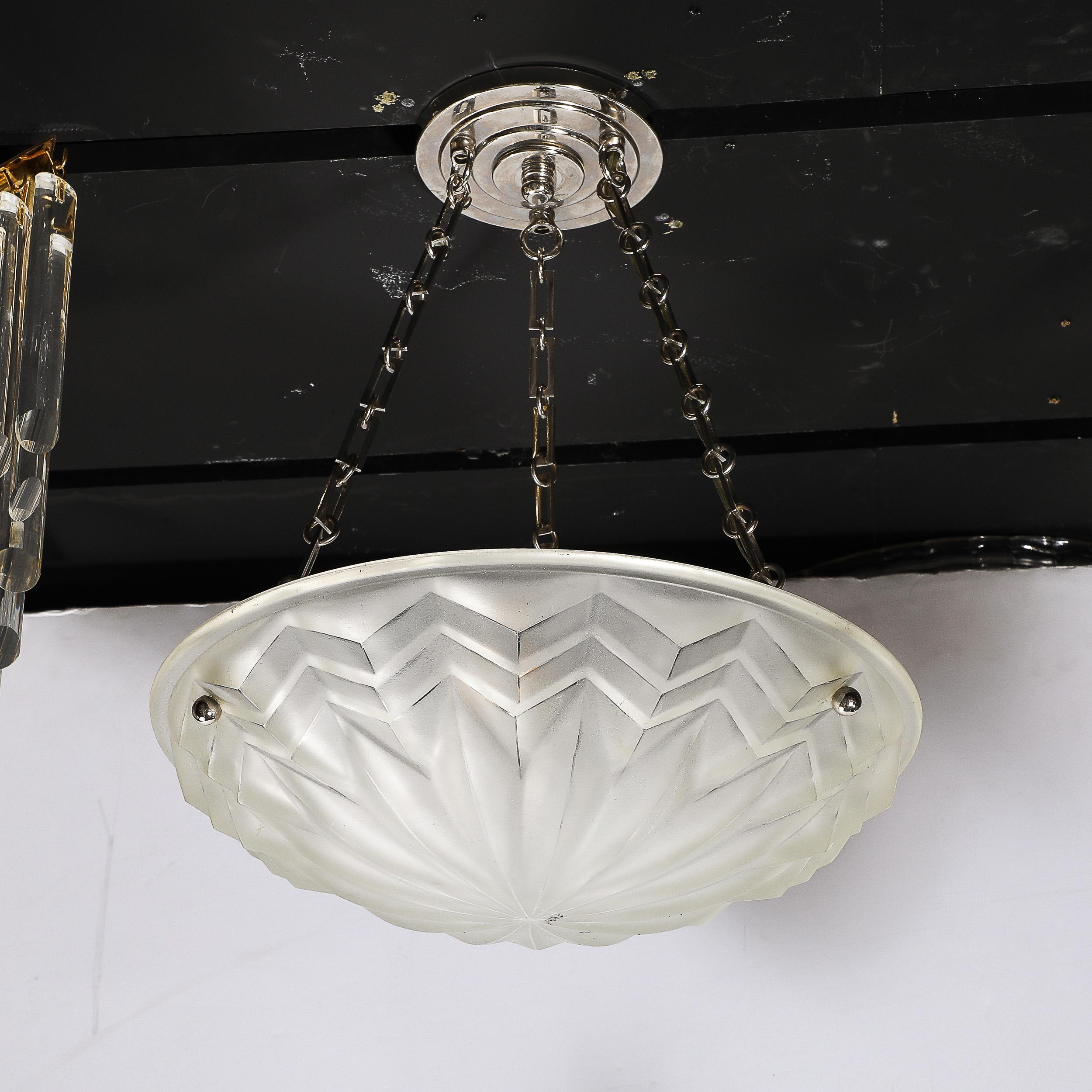 Art Deco Skyscraper Style Molded & Frosted Glass Pendant Chandelier In Excellent Condition In New York, NY