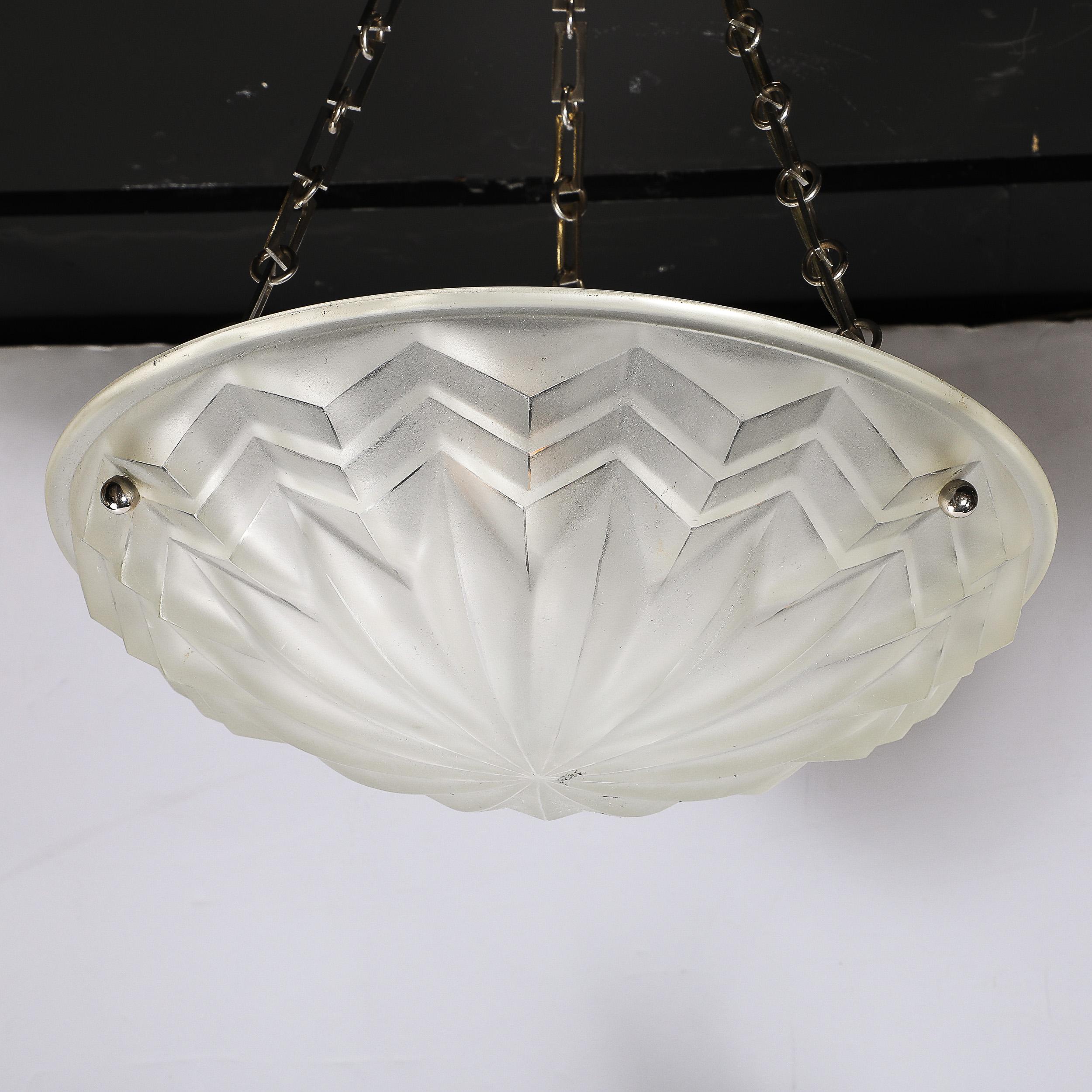 Mid-20th Century Art Deco Skyscraper Style Molded & Frosted Glass Pendant Chandelier