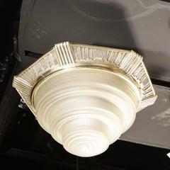 Art Deco Skyscraper Style Silvered Bronze & Channeled Glass Semi Flush Mount