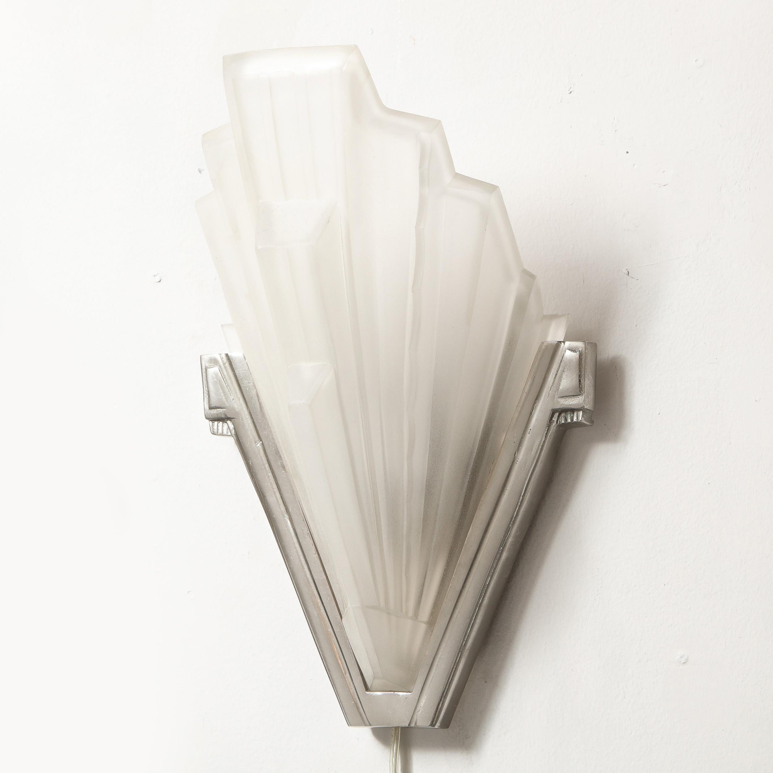 French Art Deco Skyscraper Style Silvered Bronze & Frosted Glass Sconces Signed Sabino