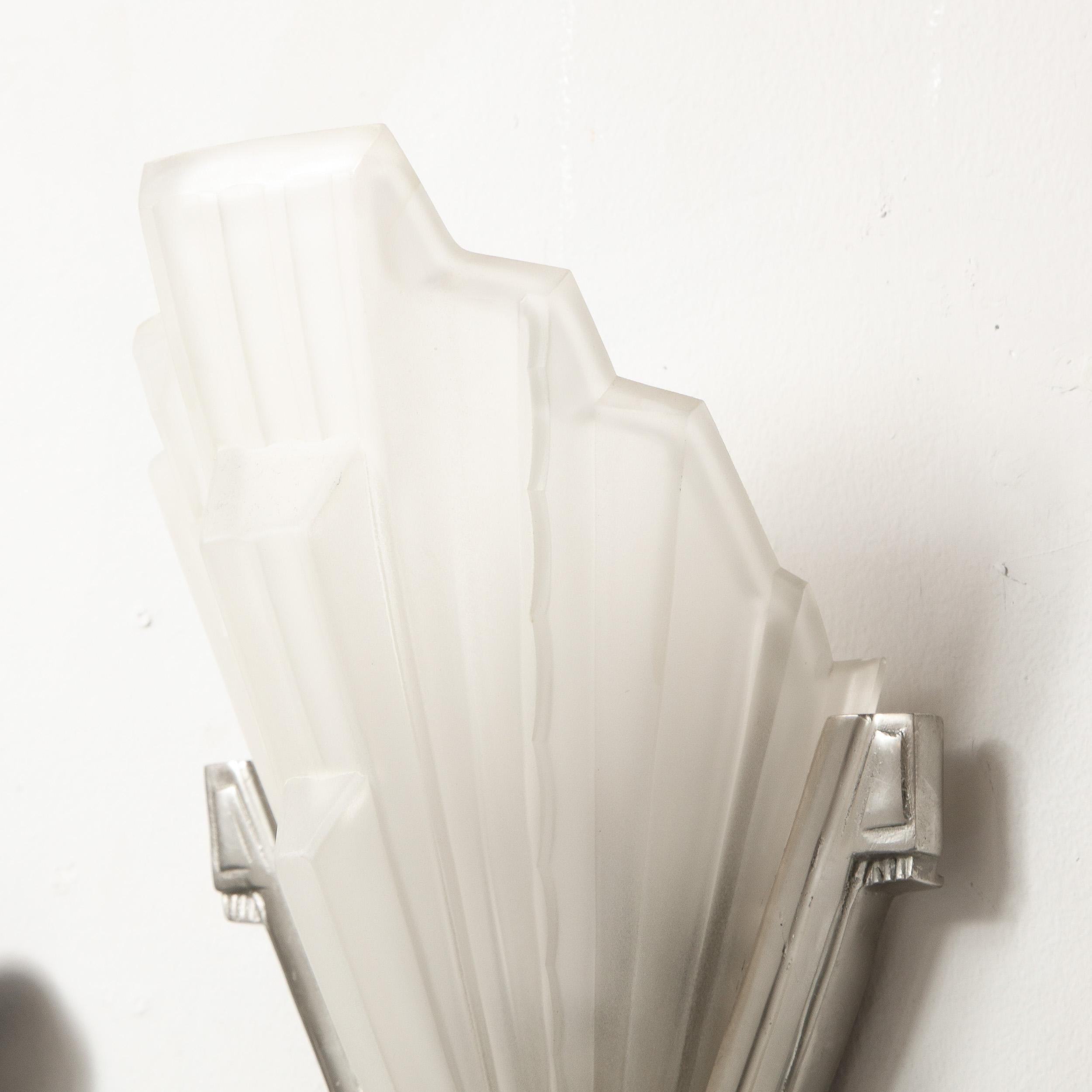 Art Deco Skyscraper Style Silvered Bronze & Frosted Glass Sconces Signed Sabino In Excellent Condition In New York, NY