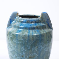 Art Deco Skyscraper Style Speckled Organic Blue Ceramic Vase signed Pierrefonds