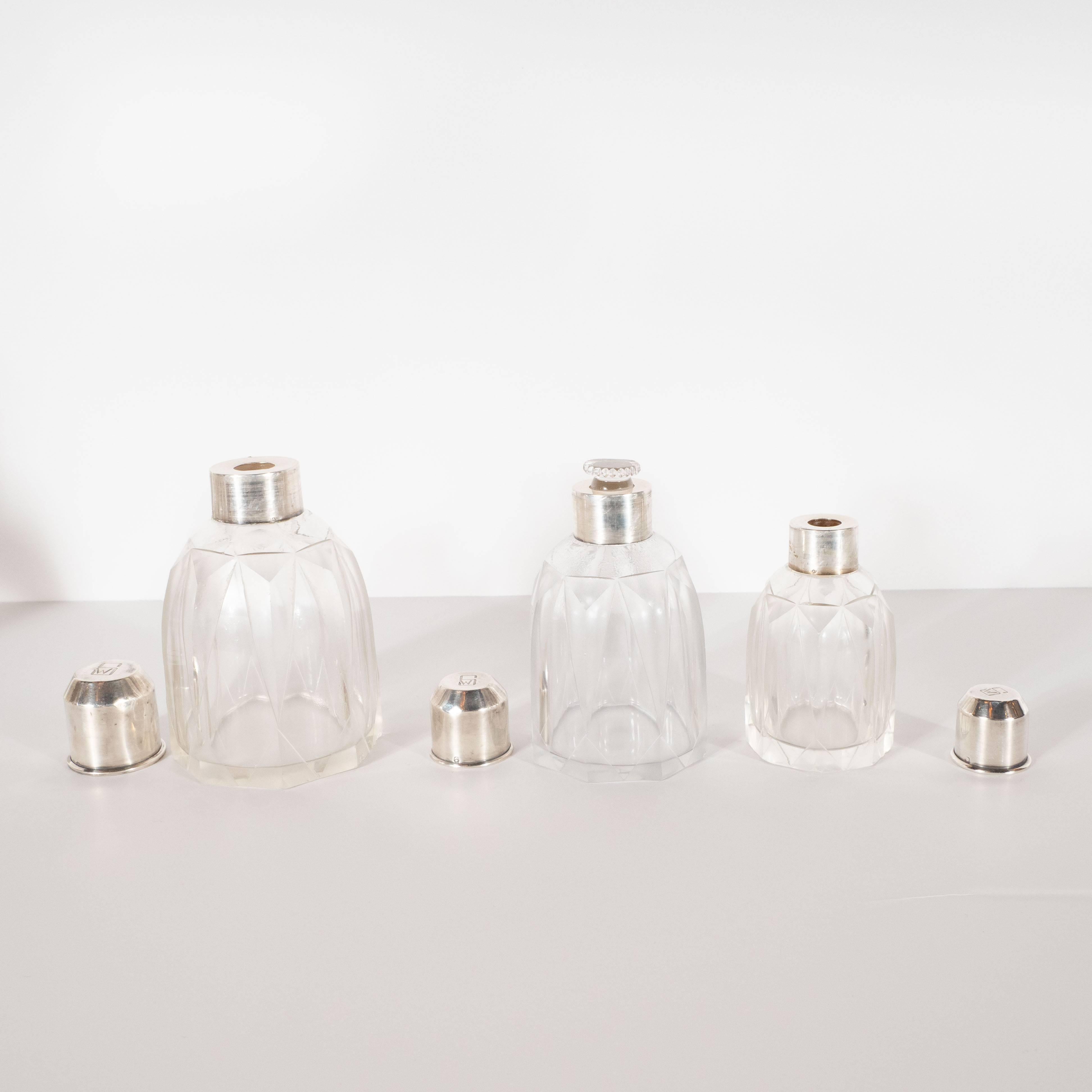 Art Deco Skyscraper Style Sterling Silver & Geometric Beveled Glass Perfume Set For Sale 2