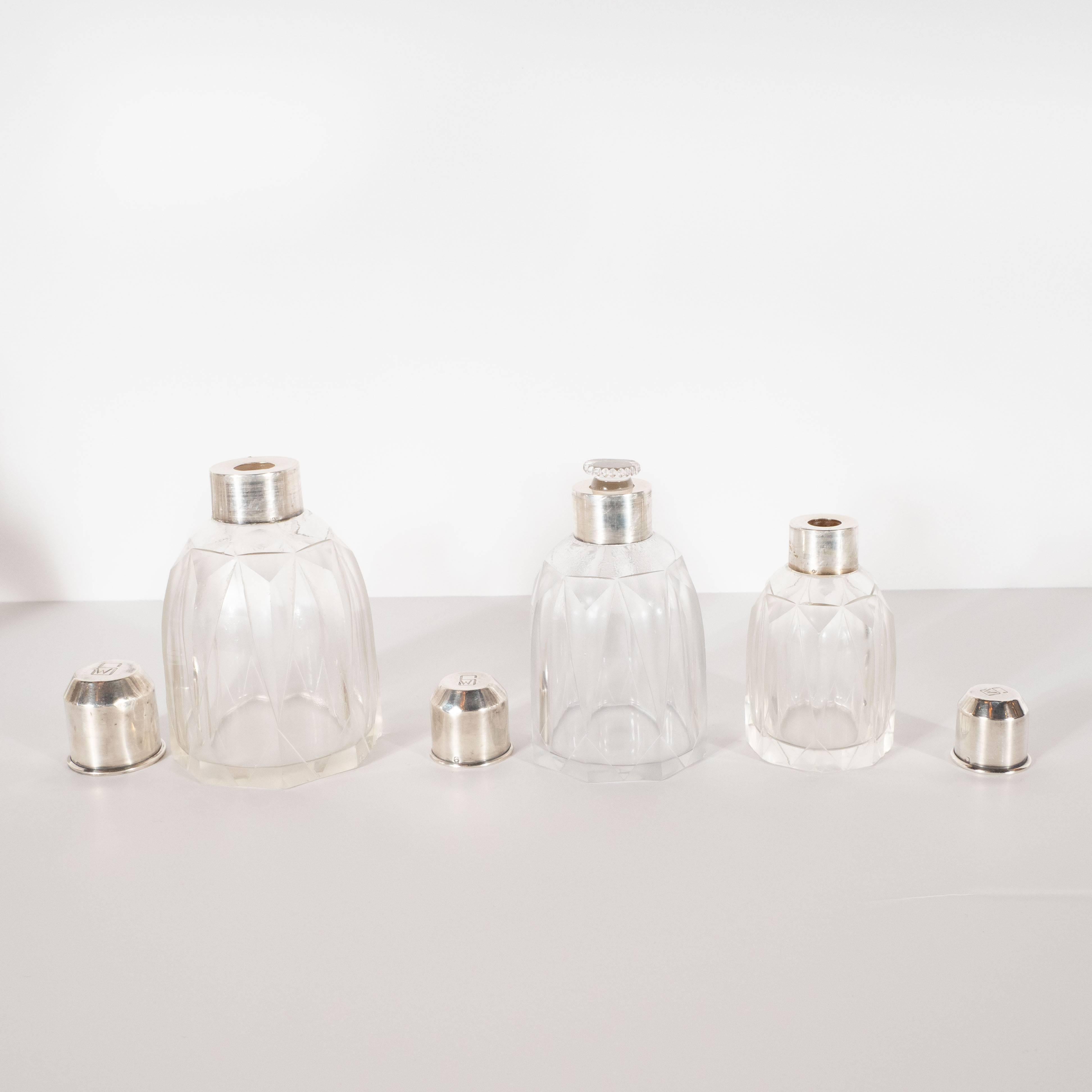 Argento 925 Set di profumi in argento sterling e vetro smussato geometrico in stile Art Deco Skyscraper in vendita